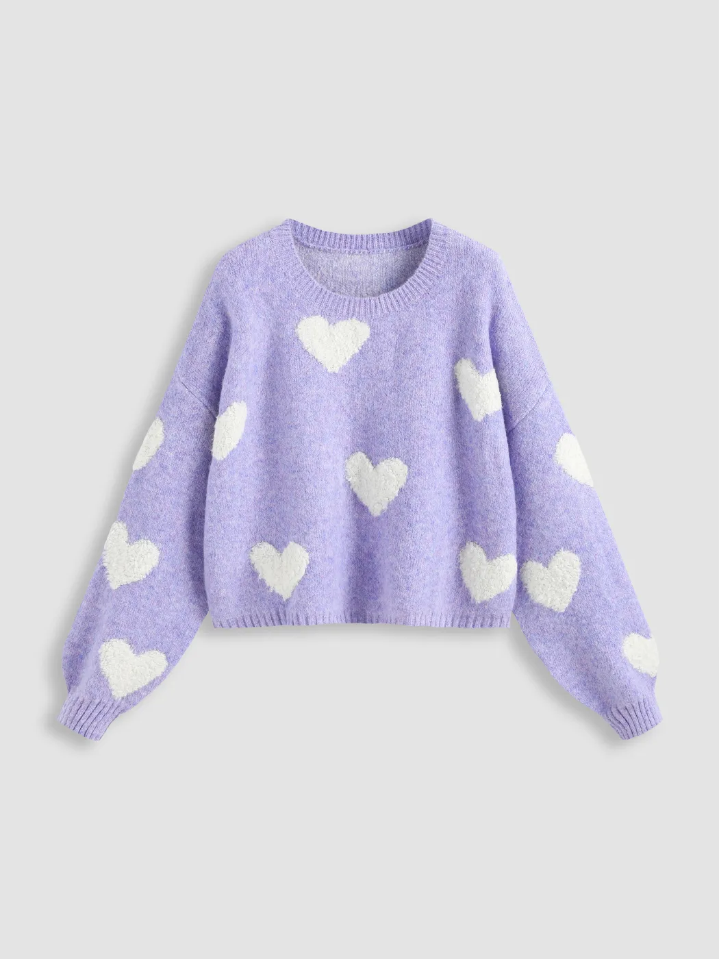 Heart Pattern Lantern Sleeve Round Neck Tunic Sweater