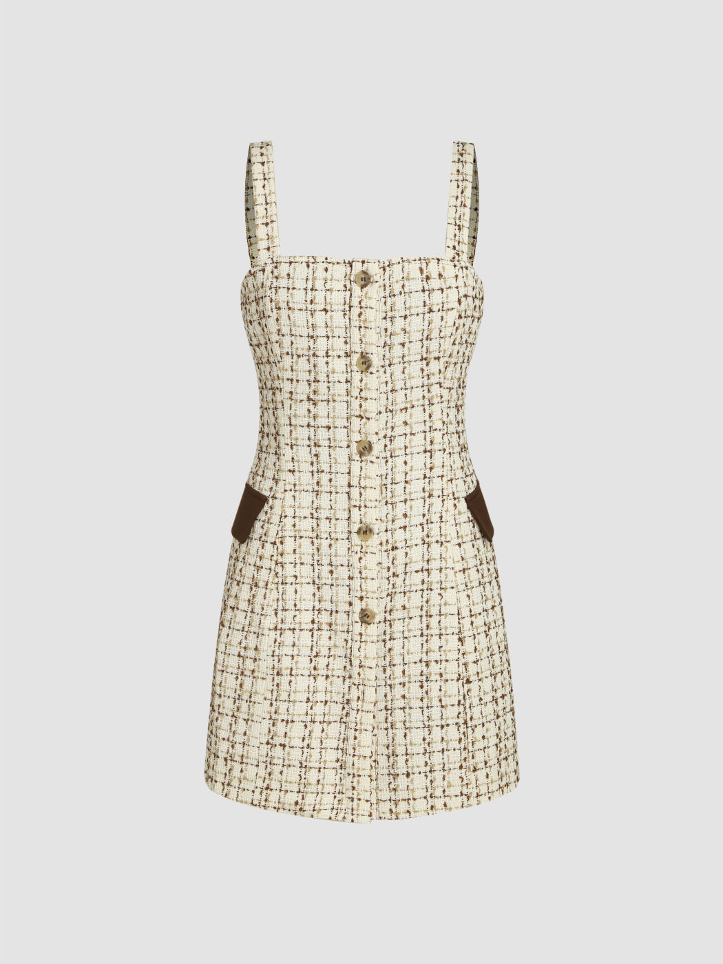 Ärmelloses, kurzes Tweed-Kleid mit Knöpfen