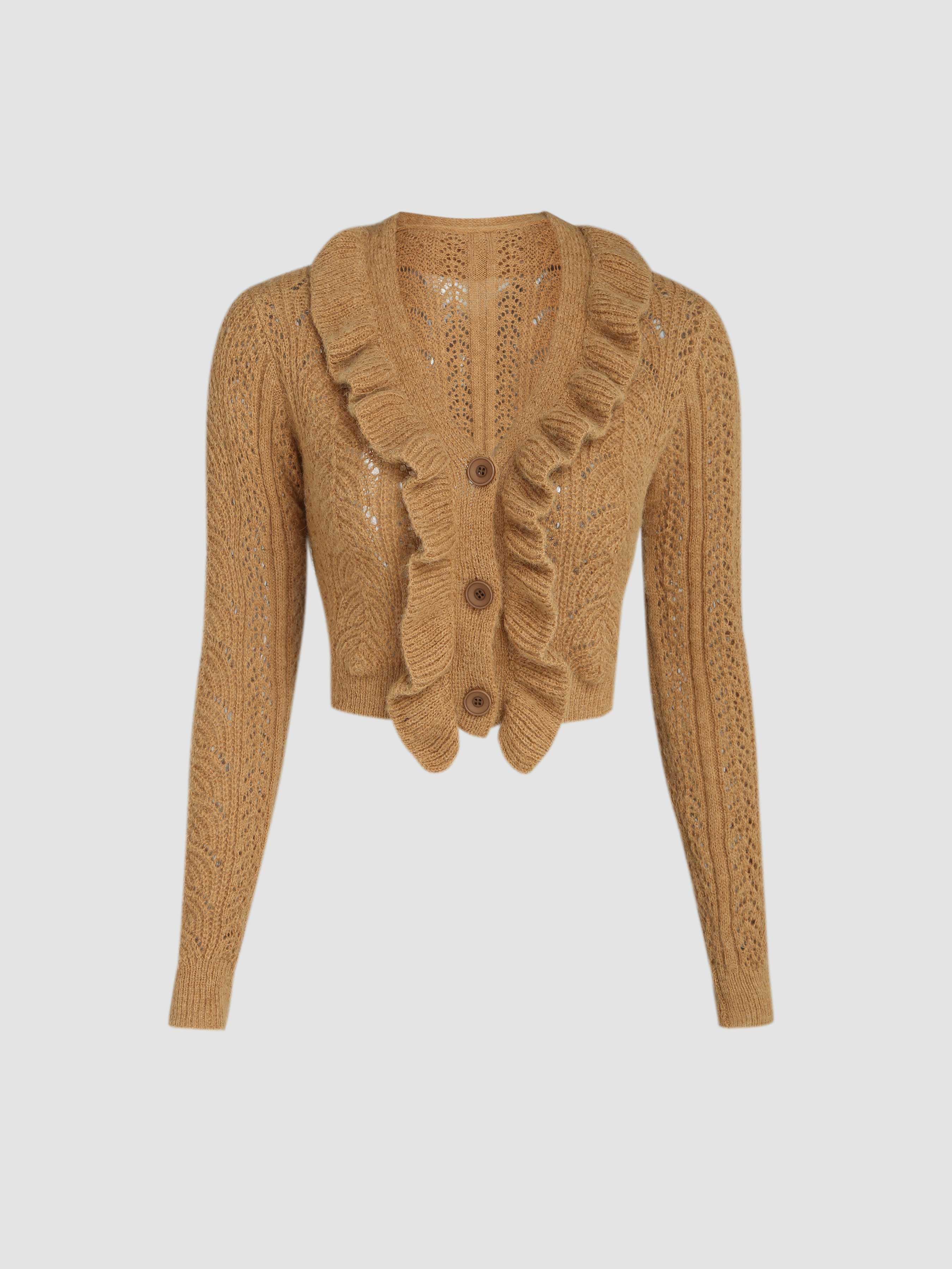 Solid Hollow Out Button Up Knit Cardigan For School Coffee Shop ...