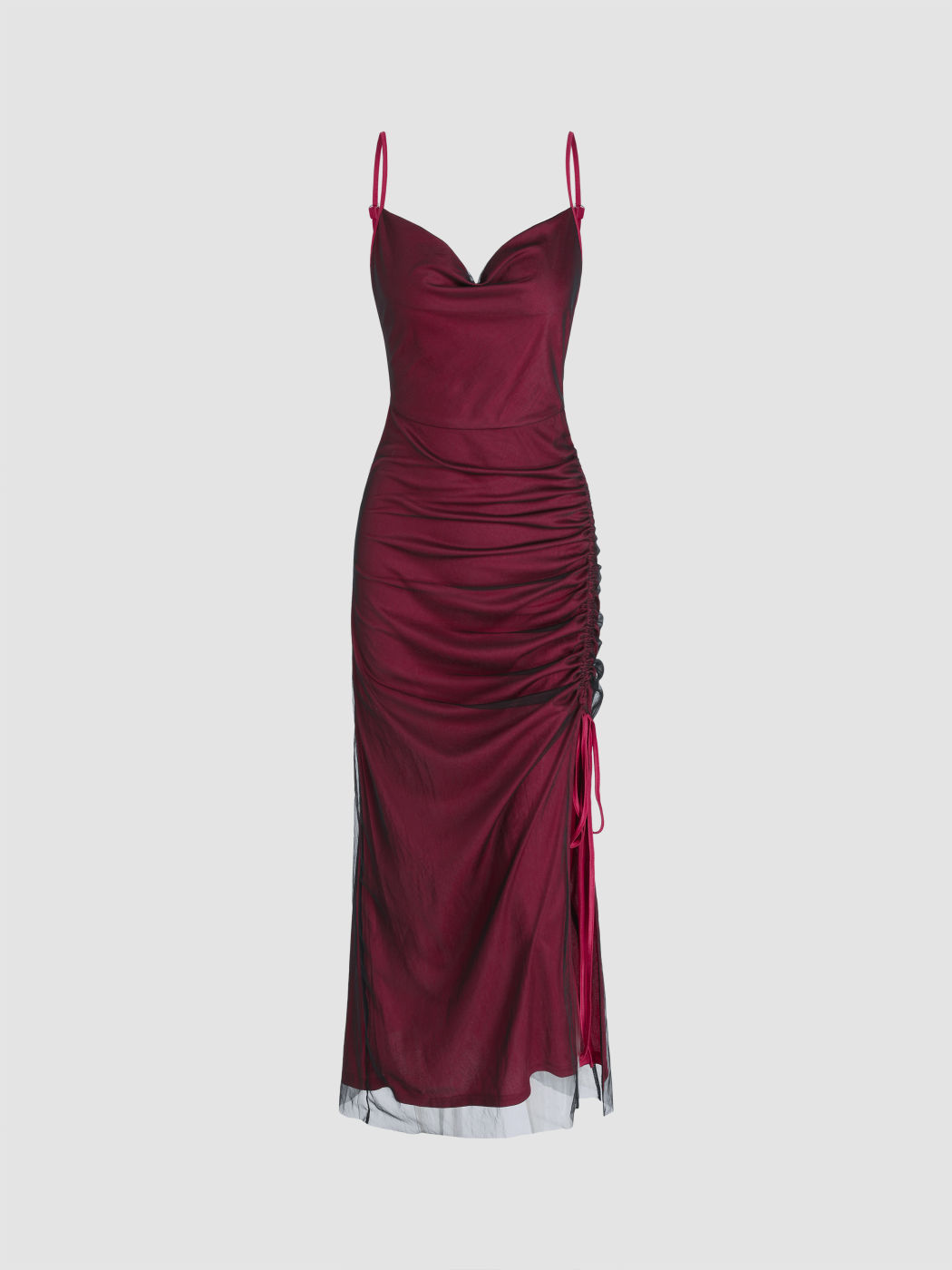 Mesh Ruched Drawstring Maxi Dress