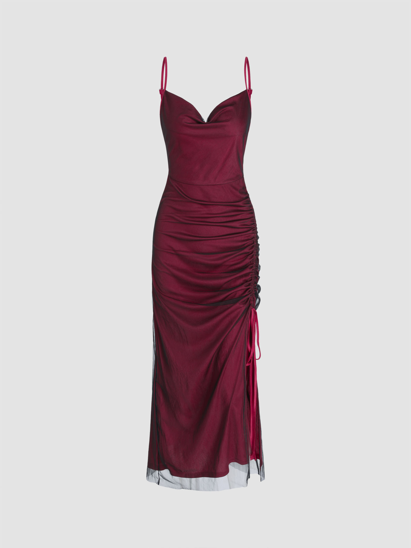 Mesh Ruched Drawstring Maxi Dress