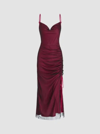 Vestido Maxi de Malla con Ruchos y Cordón de Cierre
