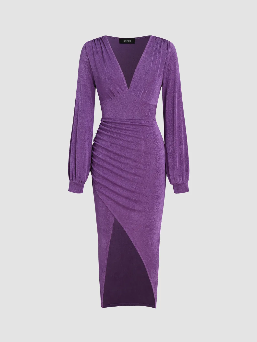 Einfarbiges, gerafftes Strick-Midikleid mit V-Ausschnitt