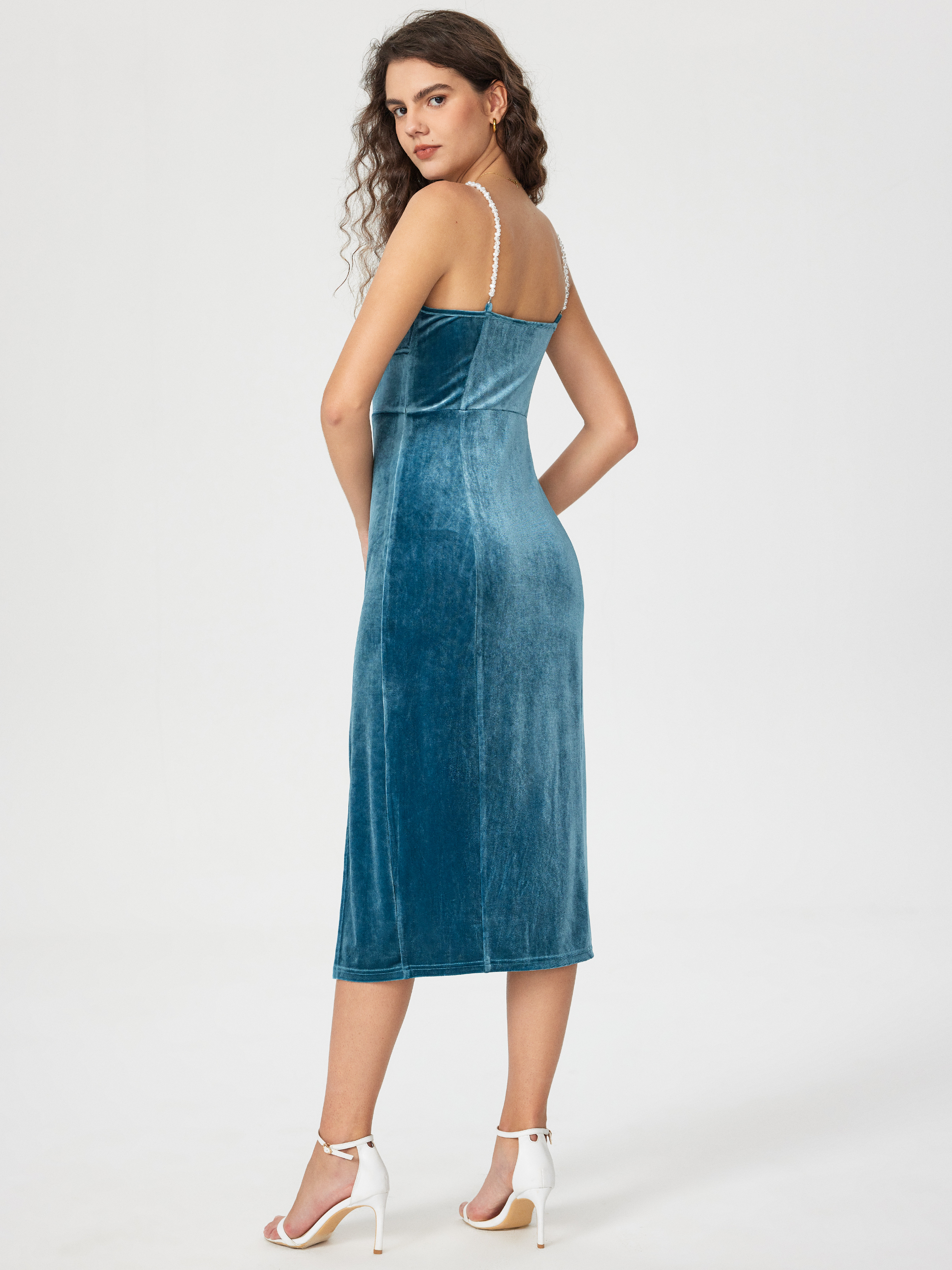 Velvet Solid Velvet Split Cami Midi Dress For Date Wedding Holiday