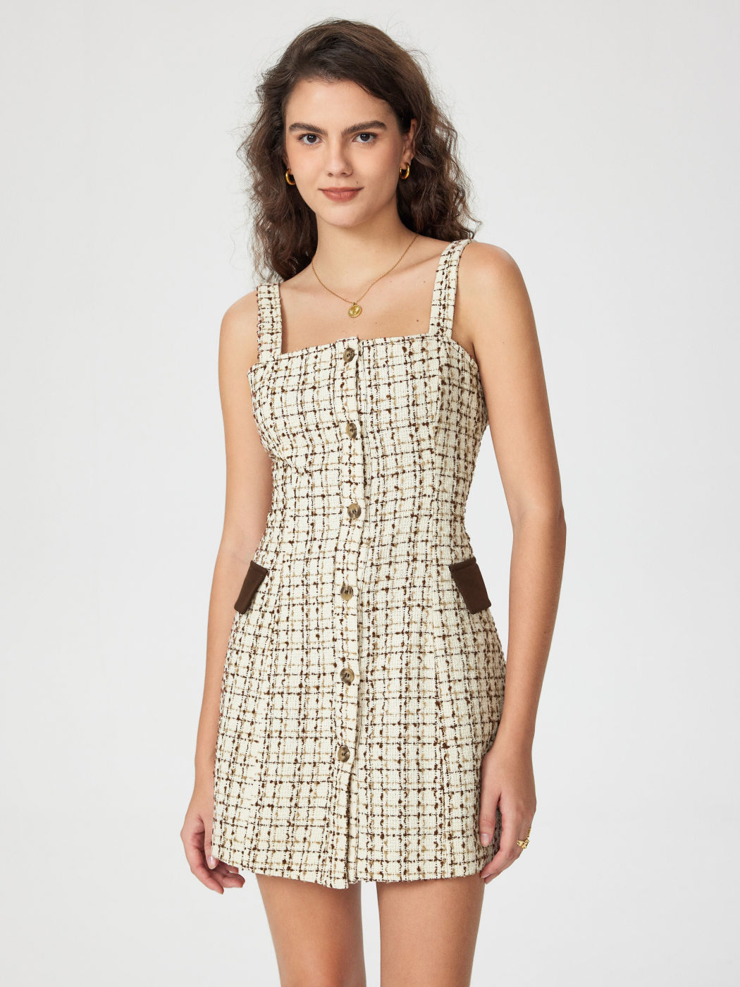 Ärmelloses, kurzes Tweed-Kleid mit Knöpfen