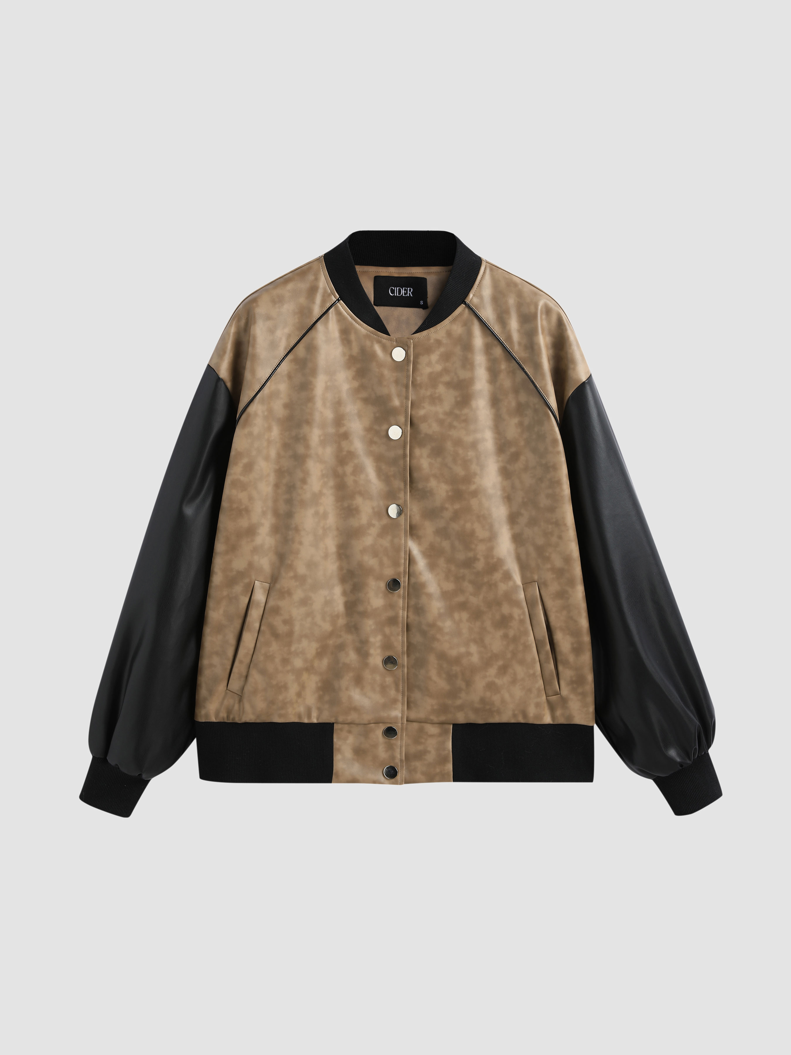 PU Patchy Stand Collar Bomber Jacket For School Work