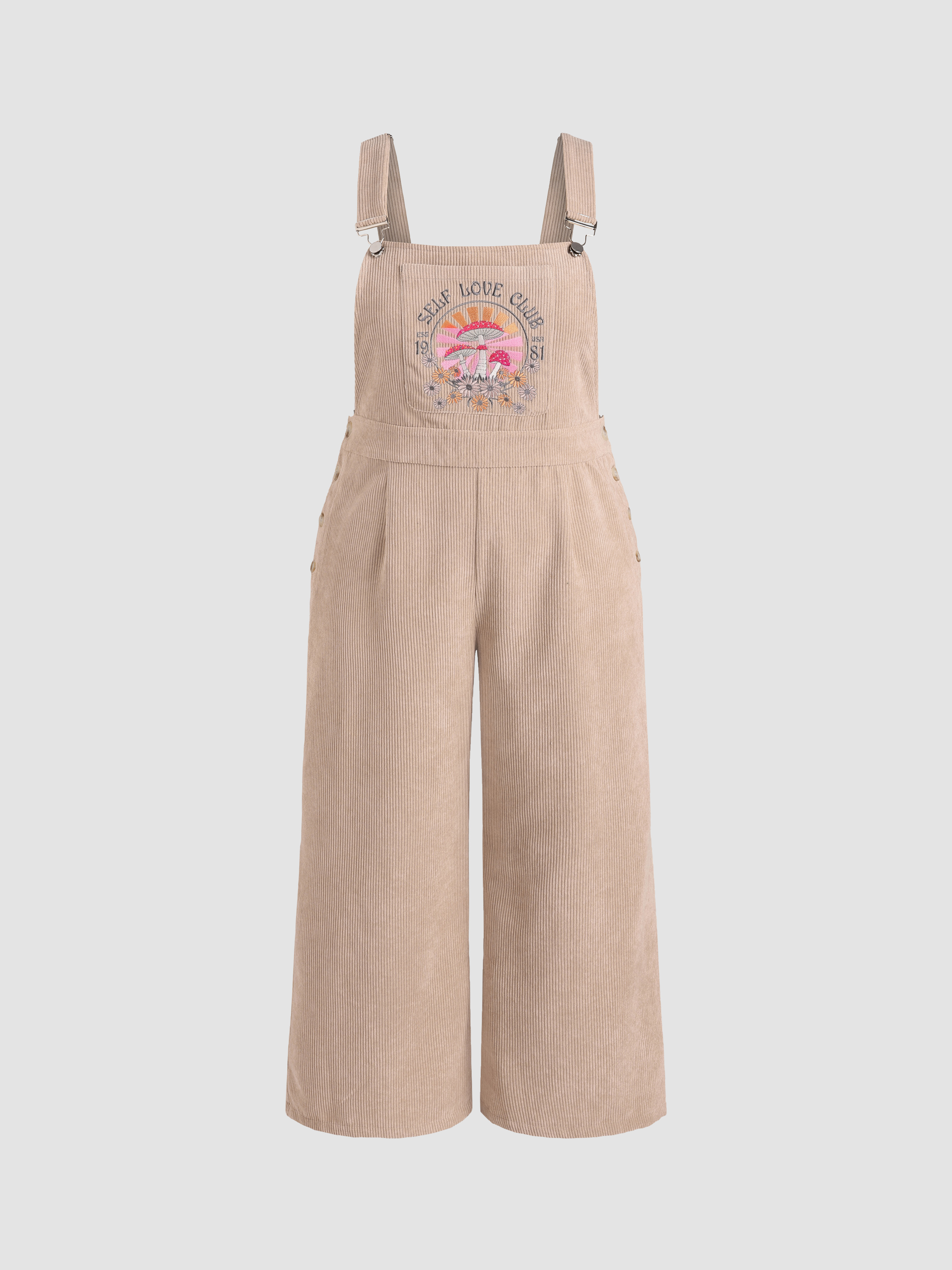 Curve & Plus Corduroy Mushroom Pattern Pinafore Jumpsuit Cider