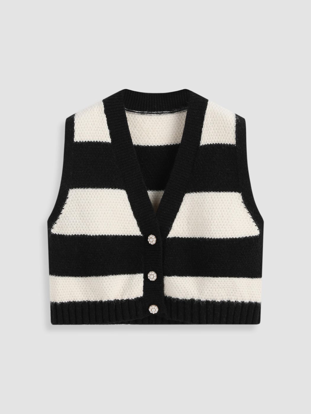 Gestreifte Crop-Pullover-Weste mit Knöpfen und V-Ausschnitt