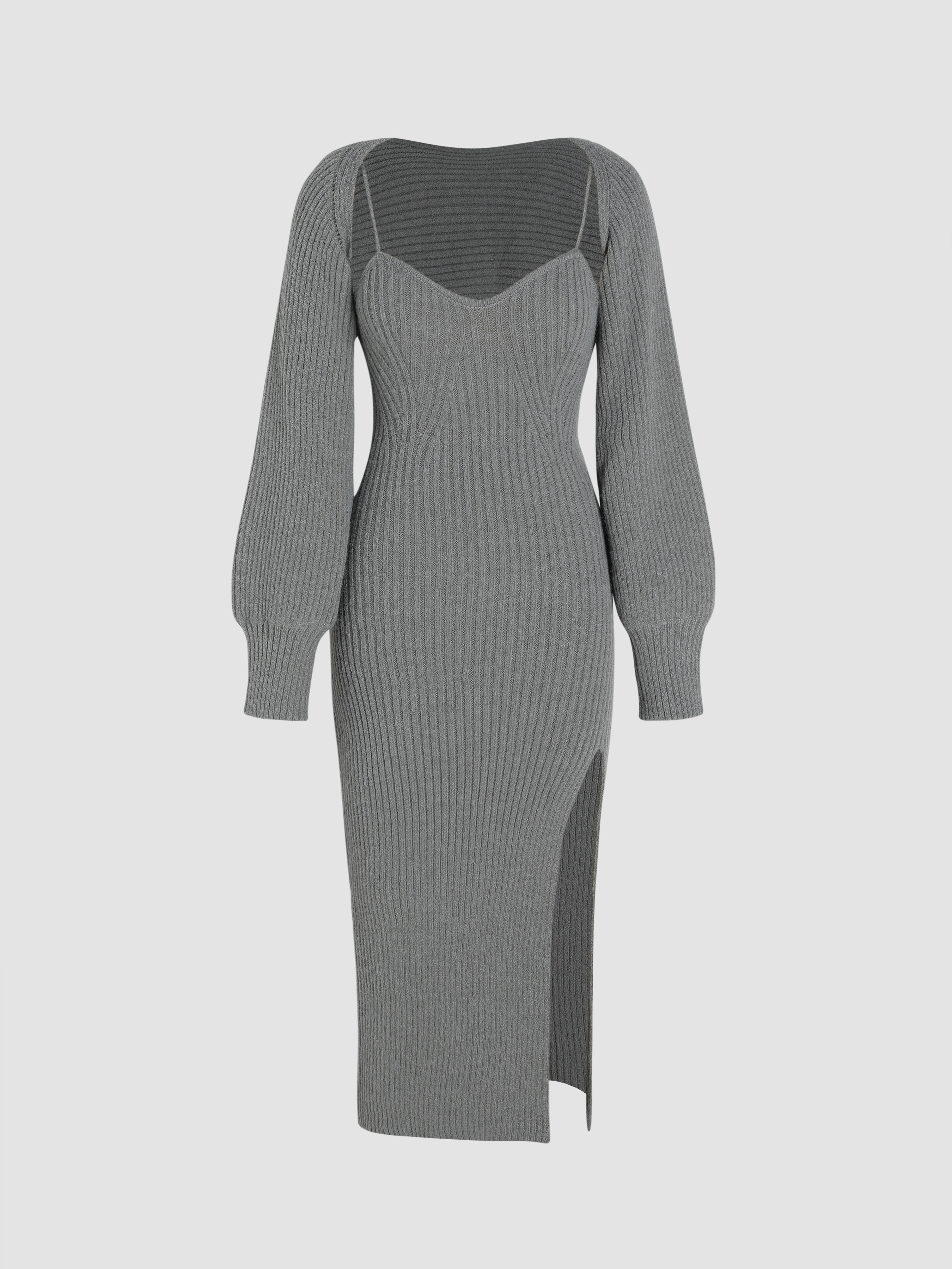 Solid Knitted Cami Split Midi Dress & Crop Top