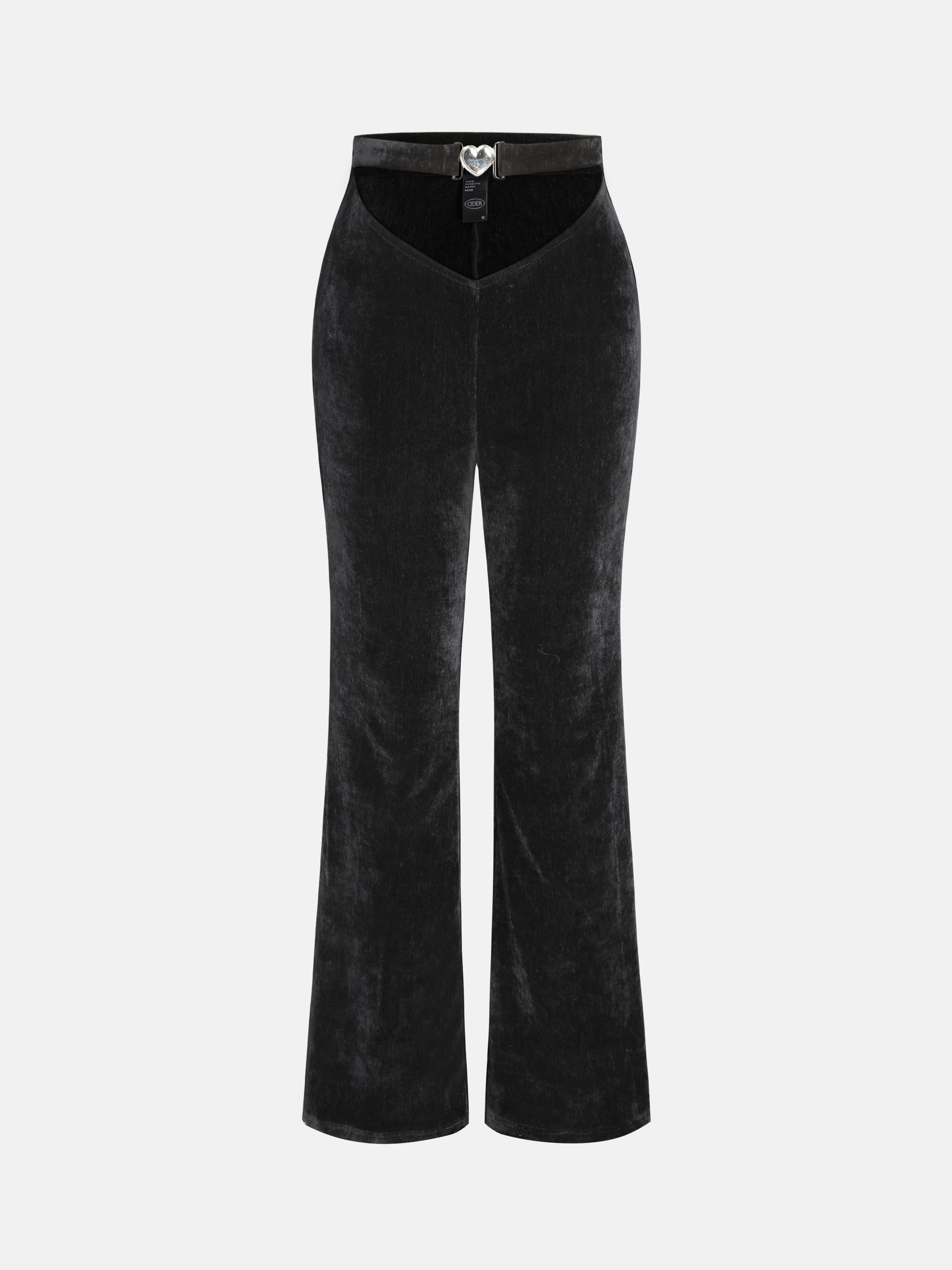 Velvet Solid Heart Detail Cut Out Flared Trousers - Cider