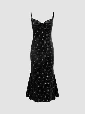 Samt Cowl Neck Sternenmuster Meerjungfrau Maxikleid