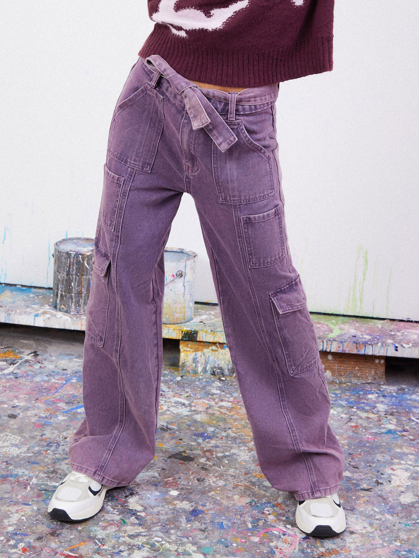 Mid Rise Faded Lilac Baggy Cargo Pants