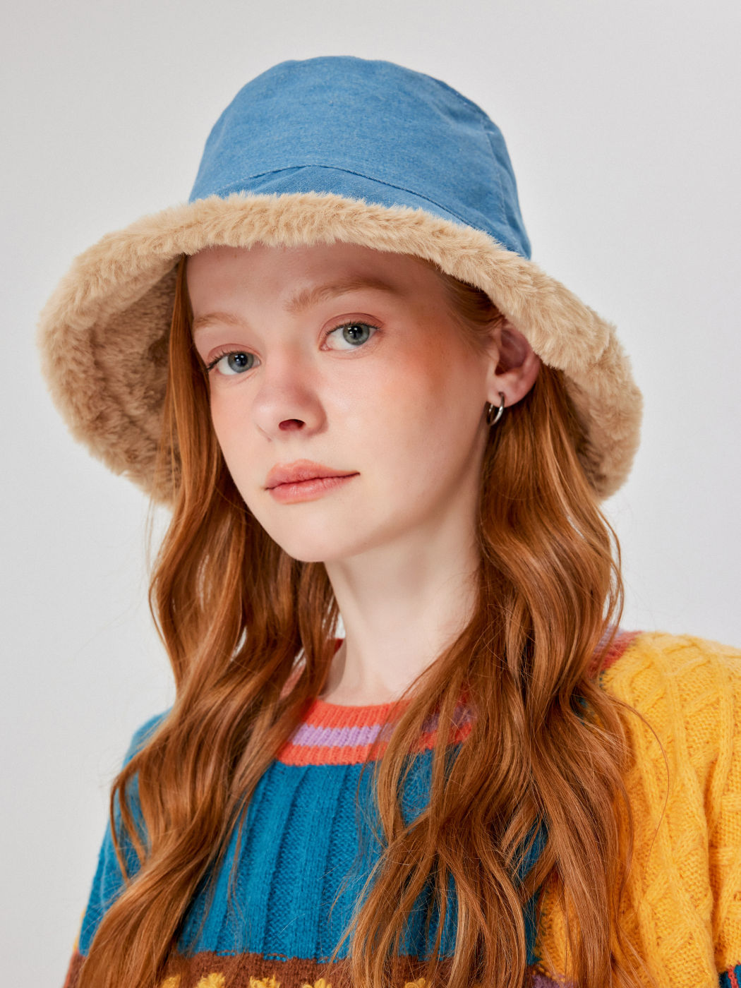 Denim Polyester Fluffy Bucket Hat For School Vacation Holiday