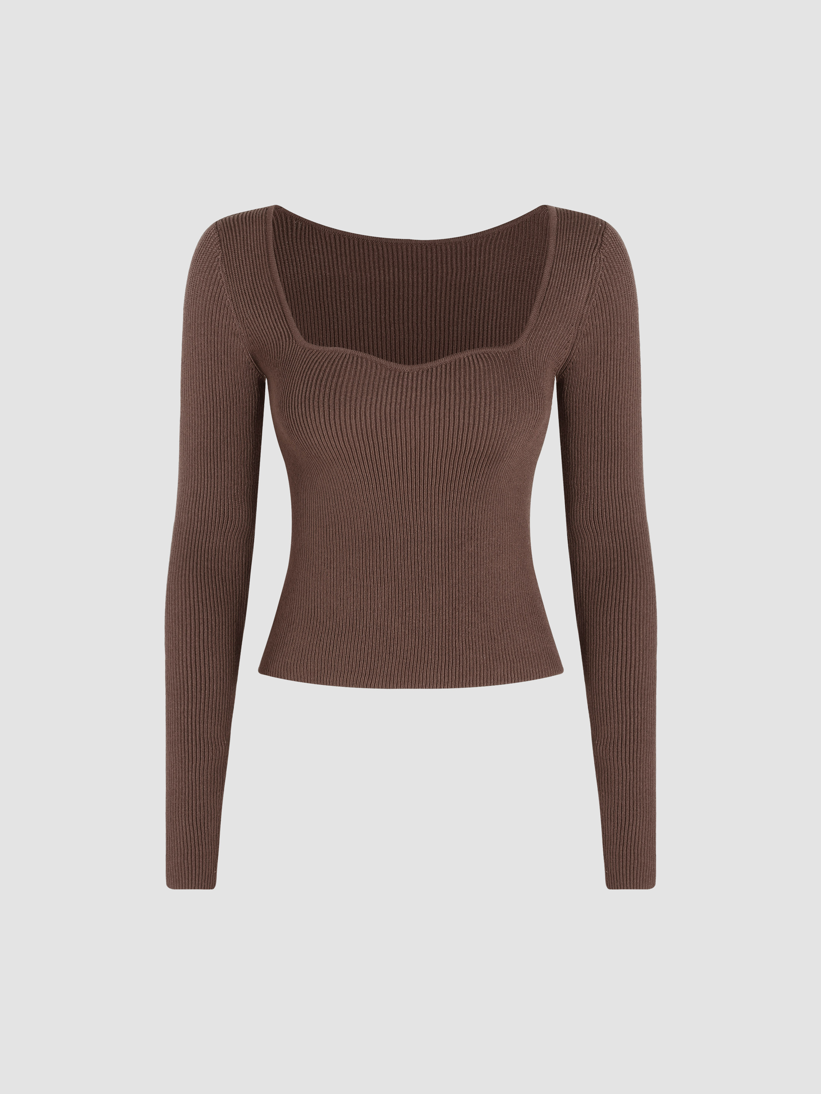 Solid Sweetheart Knitted Long Sleeve Top - Cider