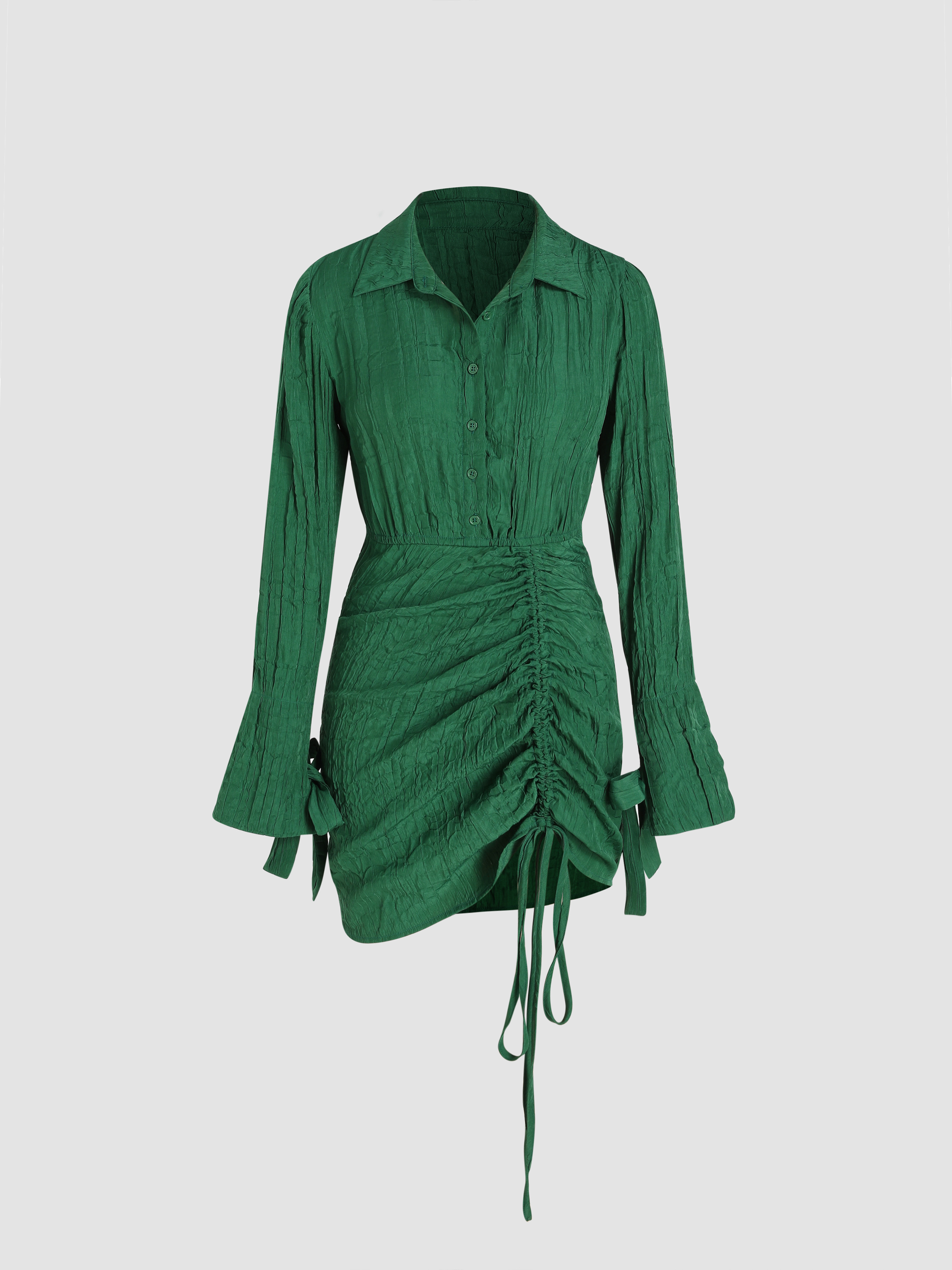 Woven Solid Ruched Drawstring Button Up Mini Dress For Vacation Holiday