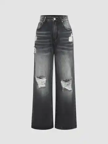 Ripped Mid Rise Straight Leg Jeans