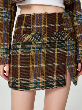 Tweed Tartan Split Mini Skirt