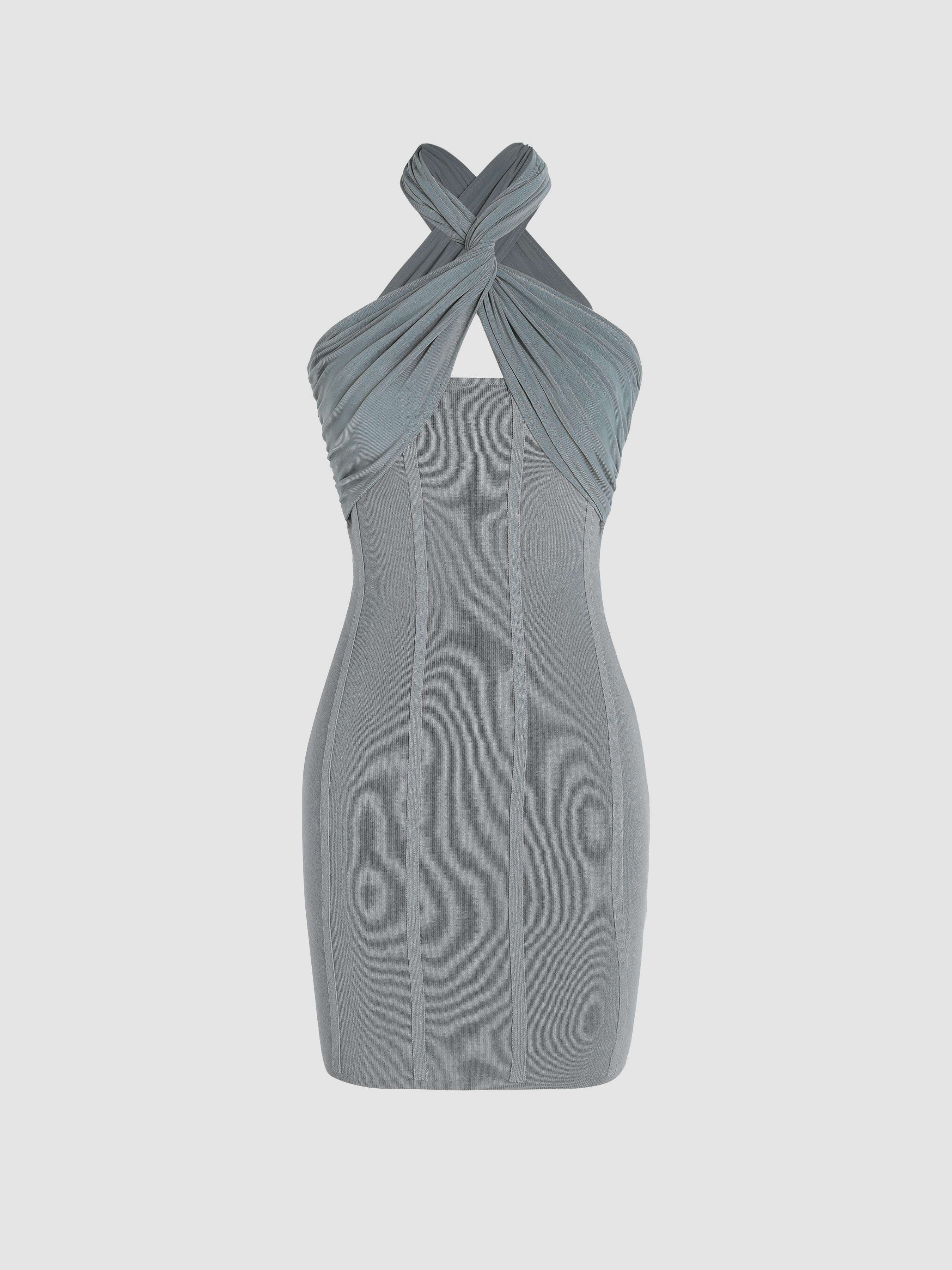 Knit Solid Halter Twist Short Dress Cider