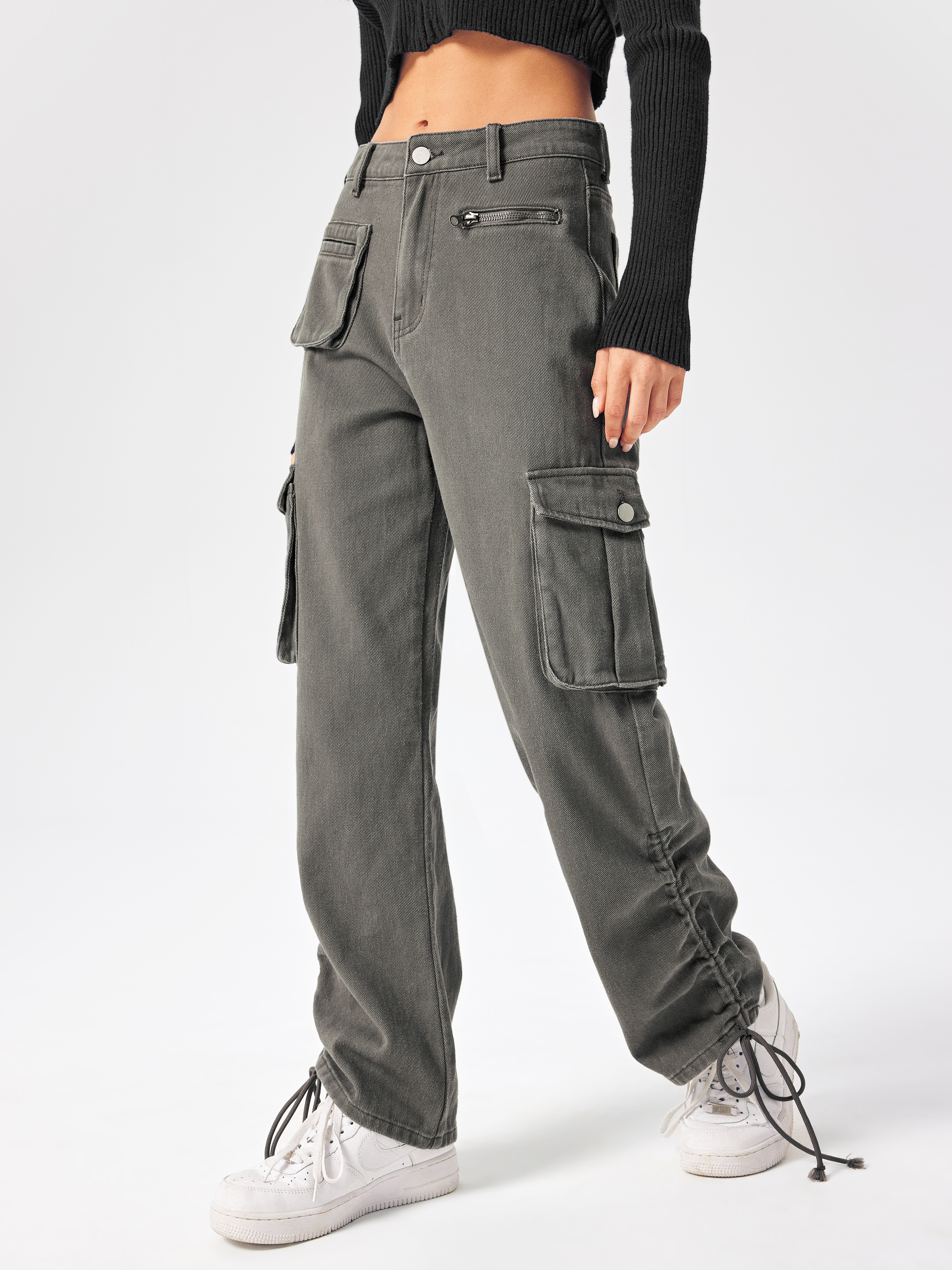 CIDER Cargo Jeans コットン カーゴ パンツ Women Cargo Woven High Waist Cargo Straight Leg Pants For