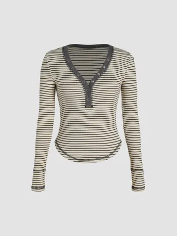 Stripe V-neck Long Sleeve Top