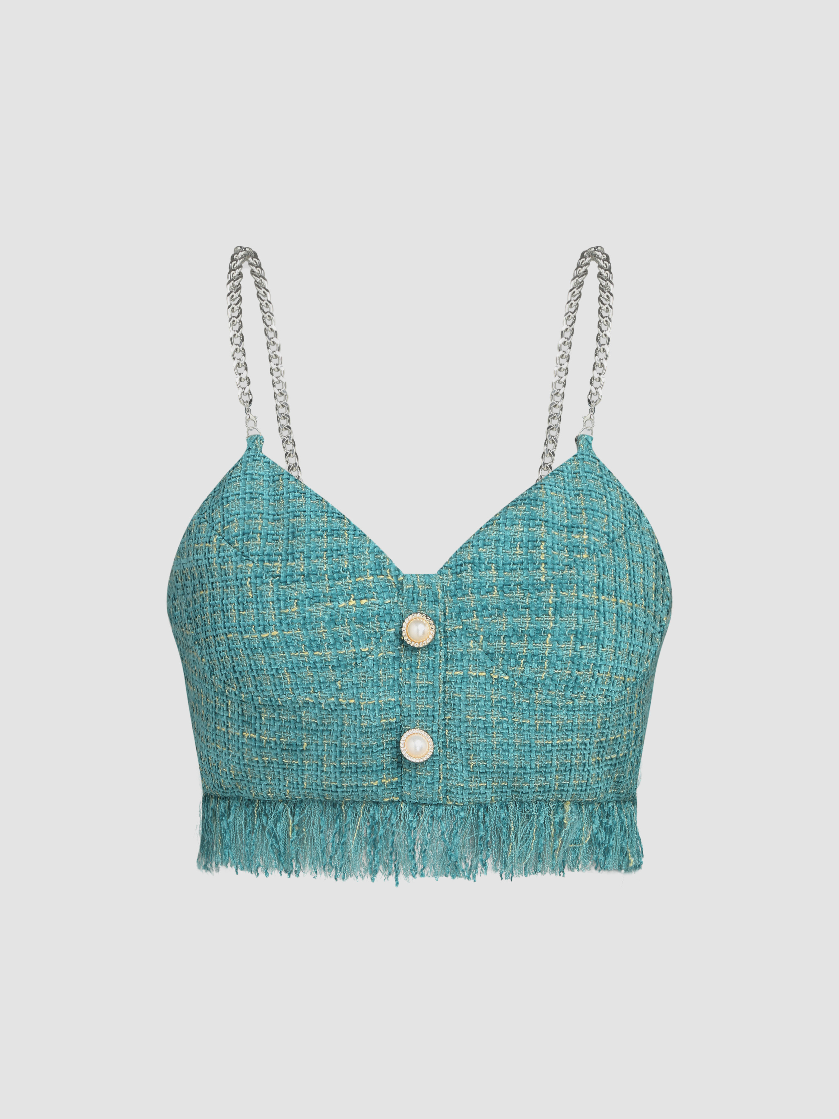 Tweed Tweed V-neck Tassel Crop Top For Date Vacation Holiday