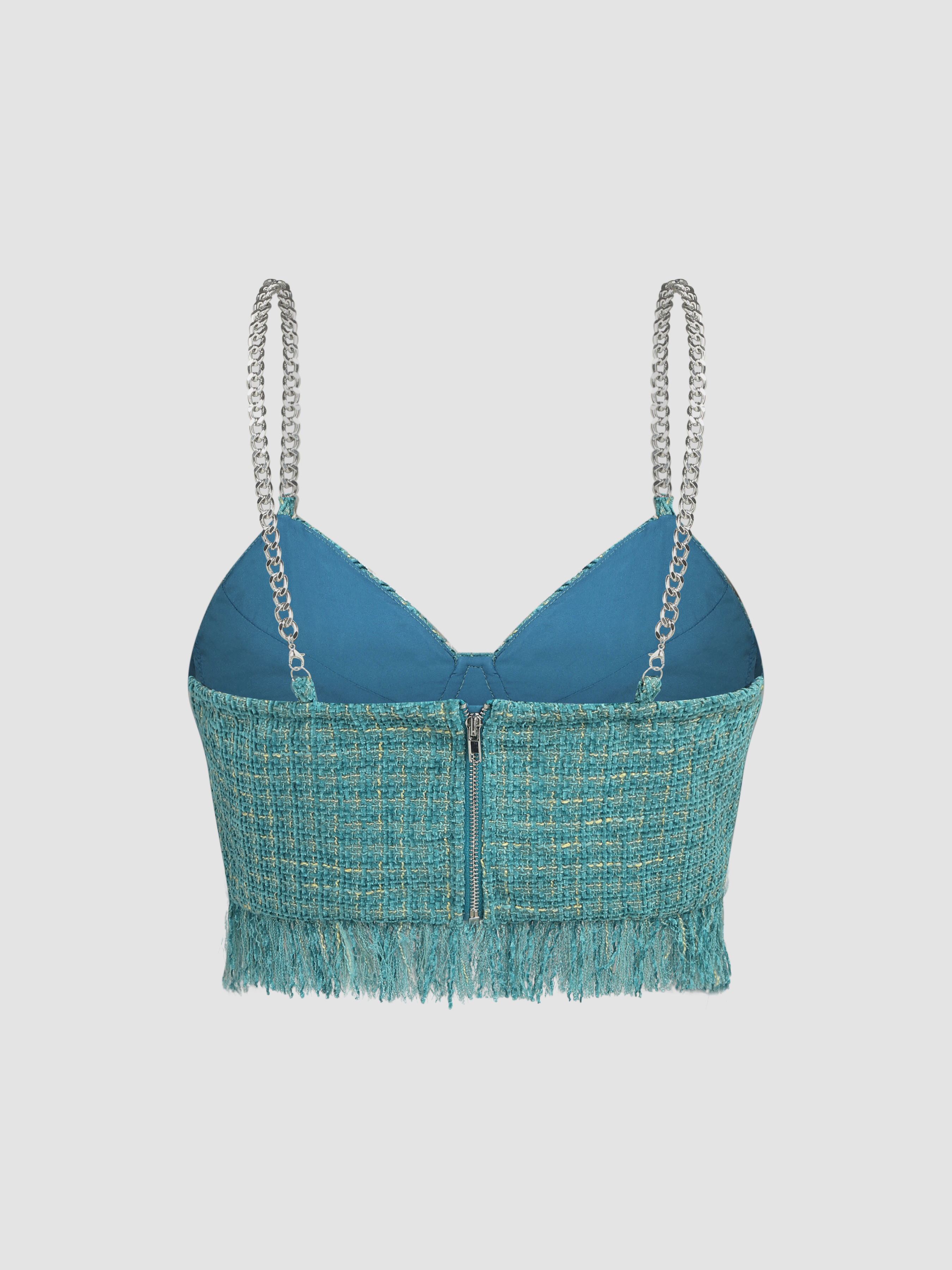 Tweed Tweed V-neck Tassel Crop Top For Date Vacation Holiday