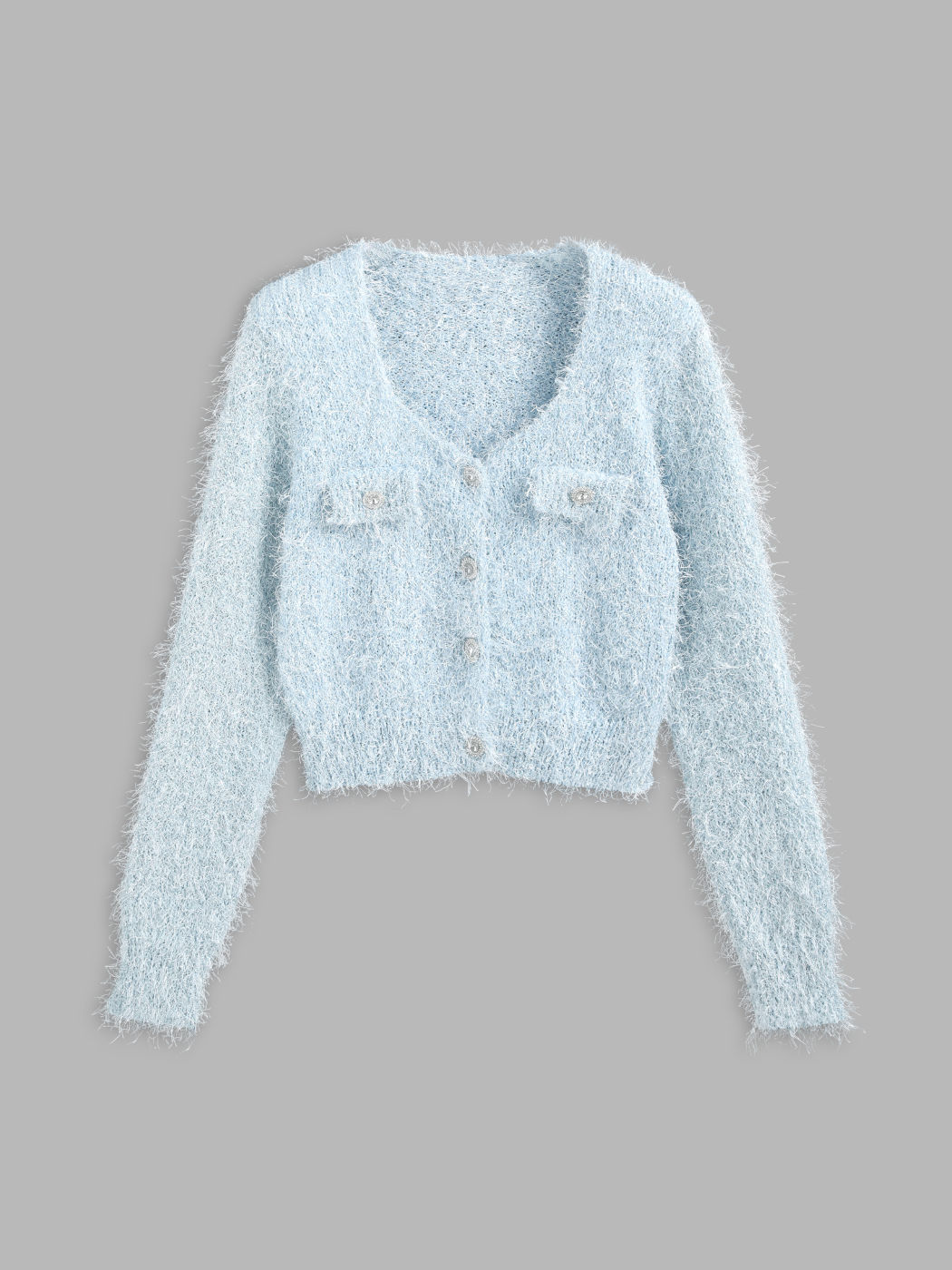 Flauschige Strickjacke mit Strassknöpfen und V-Ausschnitt