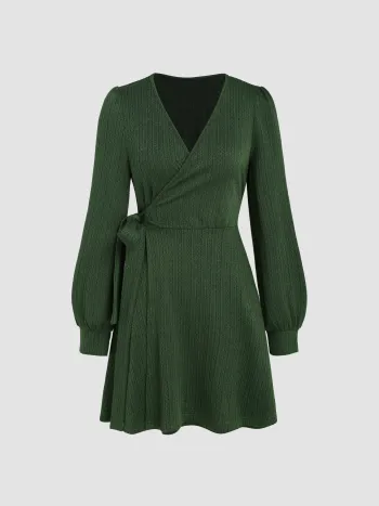 Solid V-neck Belted Short Dress
