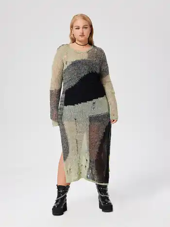 Robe mi-longue en maille patchwork déchirée Curve & Plus