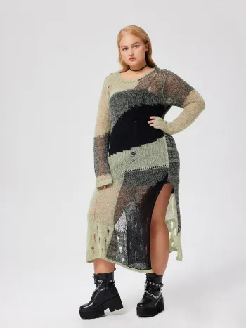 Robe mi-longue en maille patchwork déchirée Curve & Plus