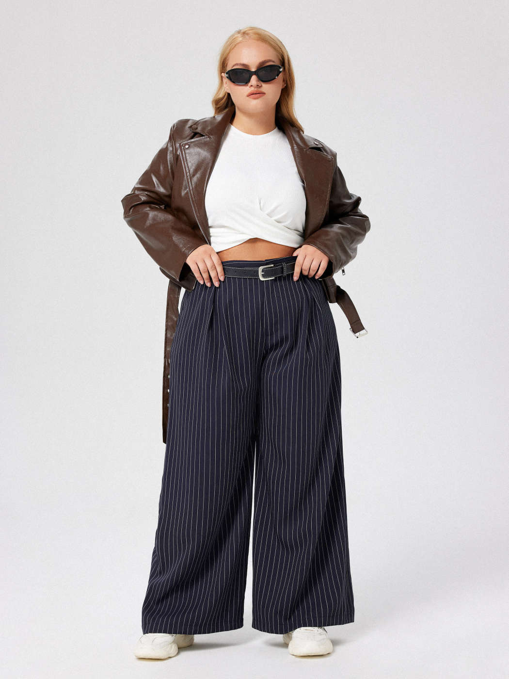 Striped Wide Leg Trousers With Belt Curve & Plus