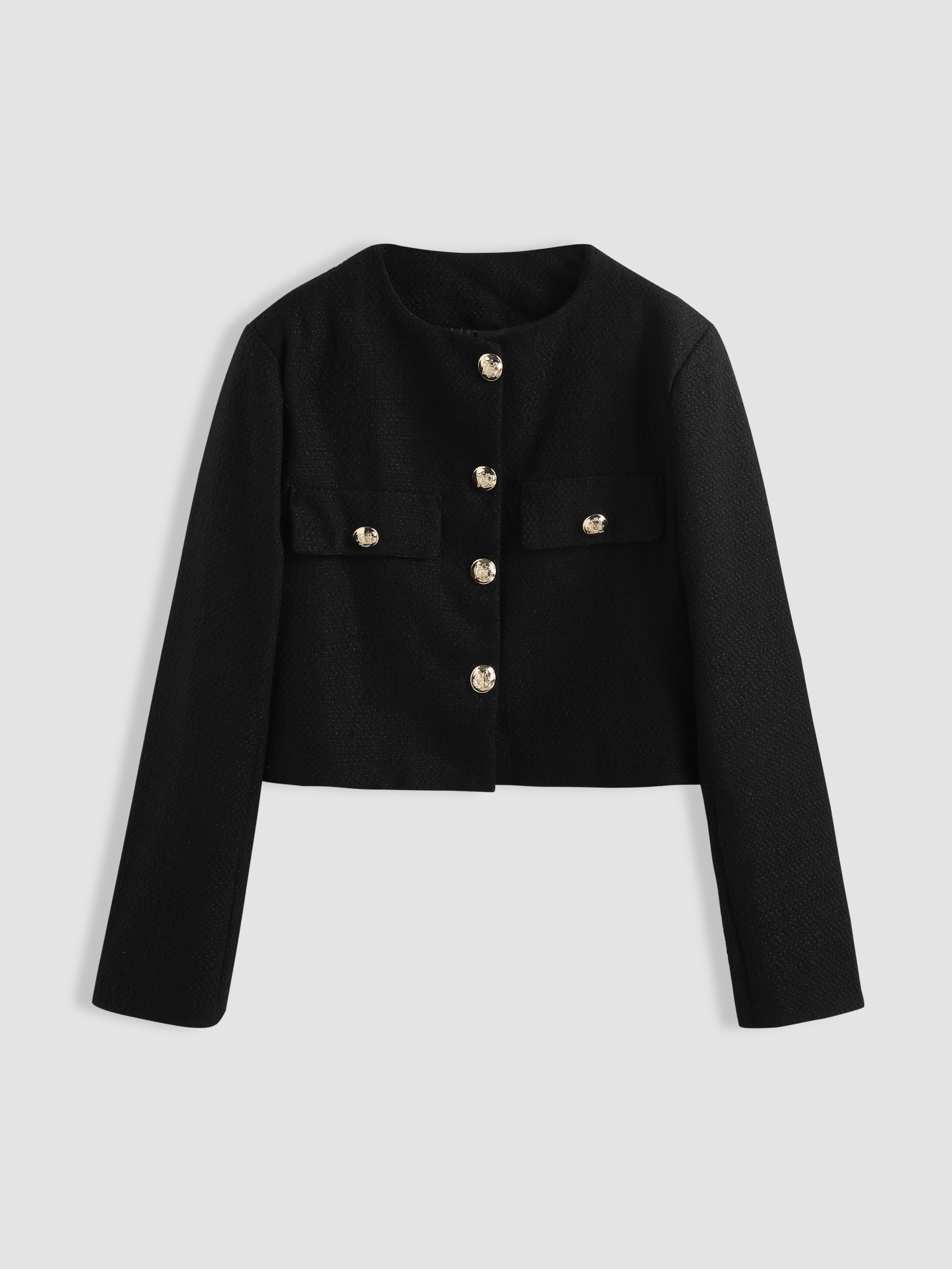 Tweed Button Crew Neck Crop Jacket For Date Exhibition Coffee Shop Work