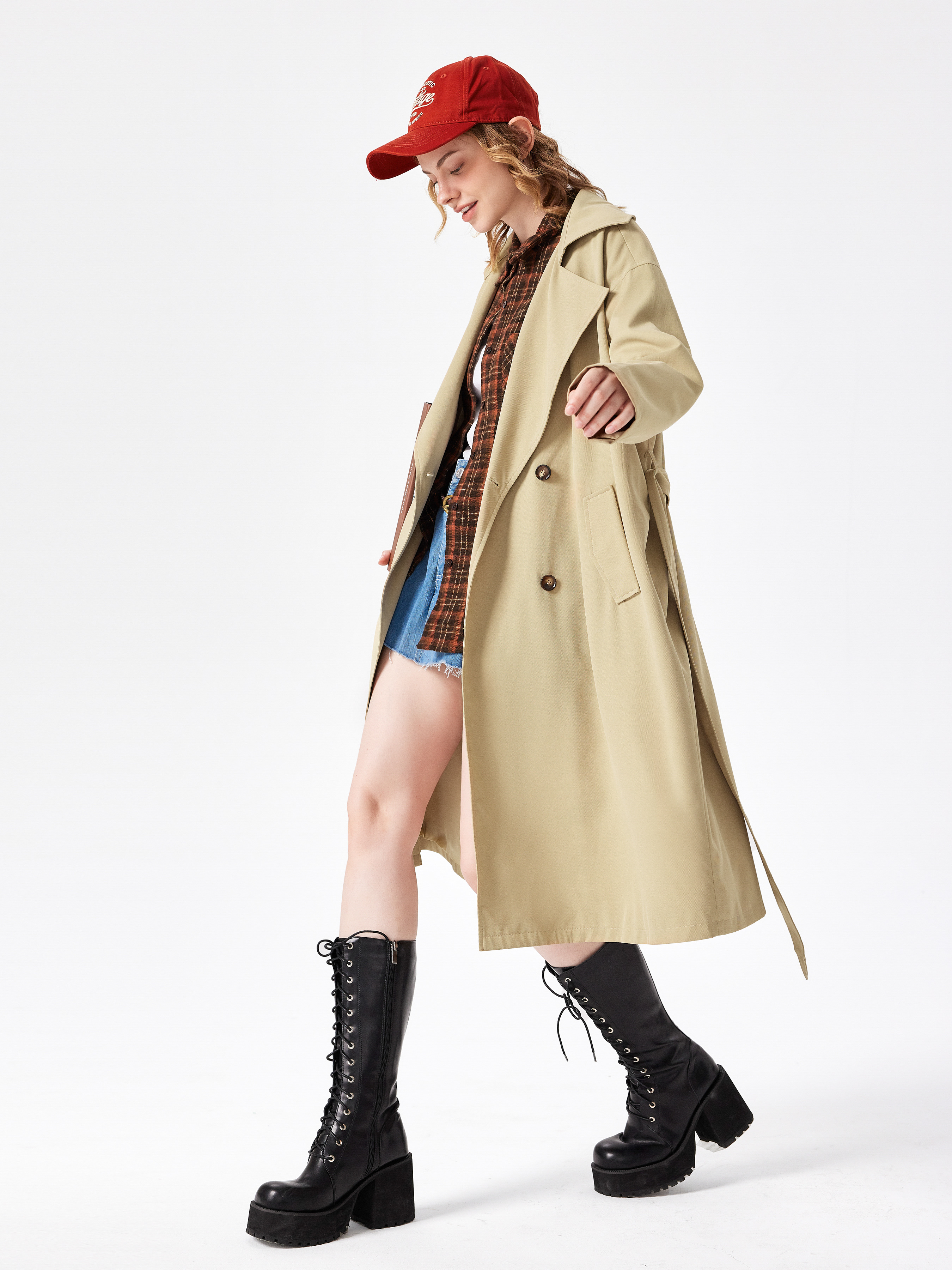 Woven Notched Collar Belted Trench Coat For Daily Casual