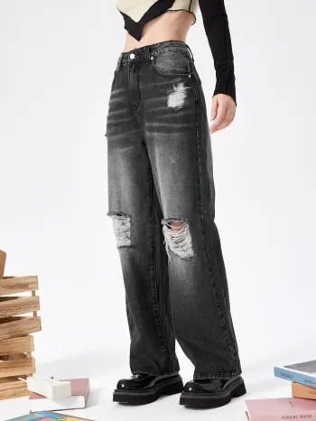 Ripped Mid Rise Straight Leg Jeans