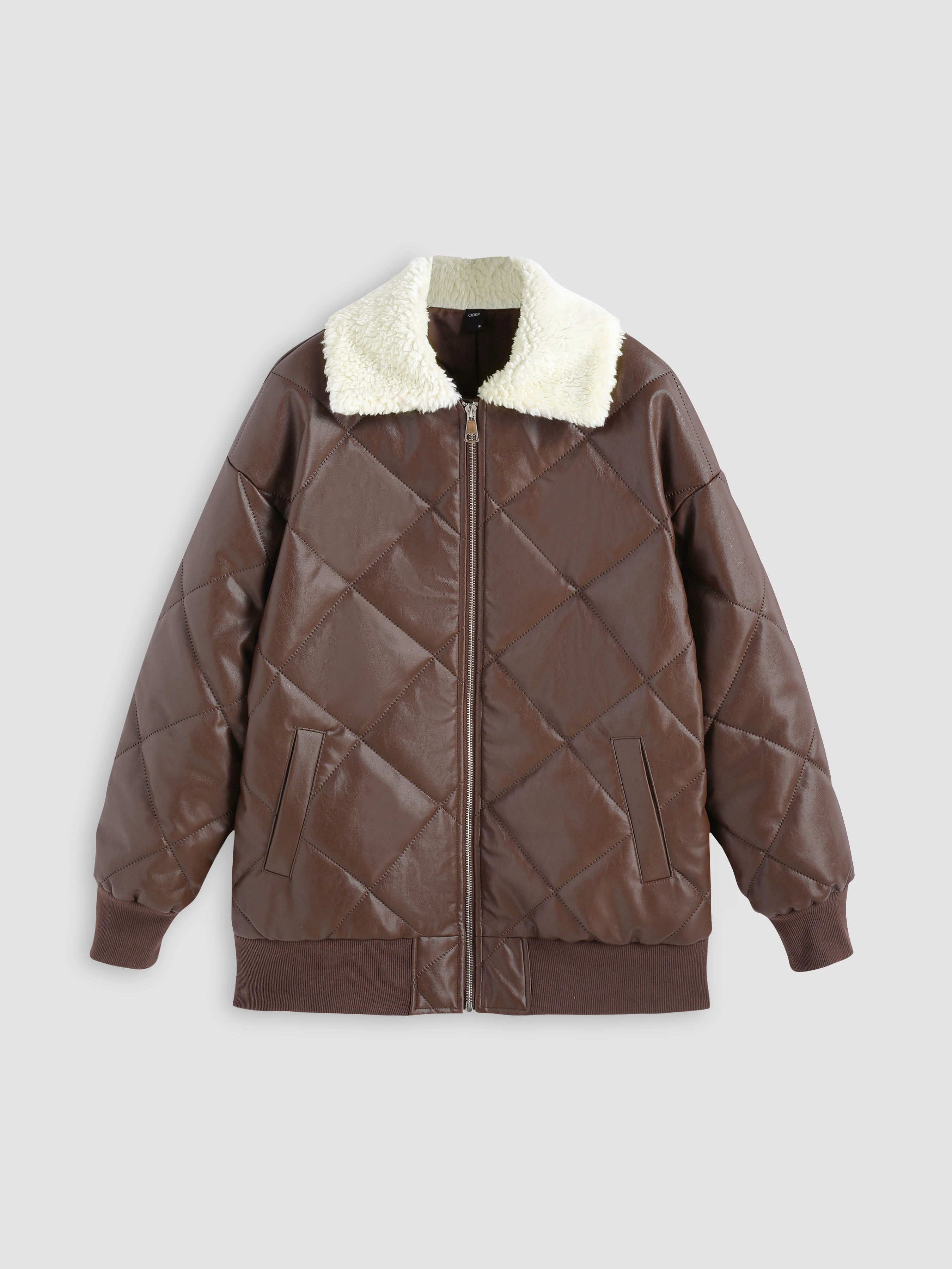 Faux Shearling Quilted Zipper Jacket Cider