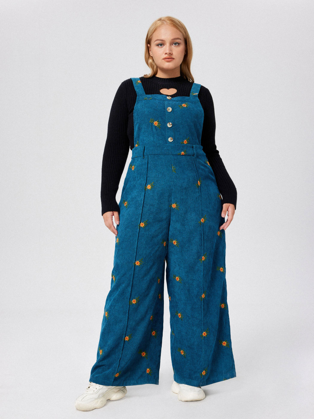 Corduroy Floral Pinafore Pocket Jumpsuit Curve & Plus