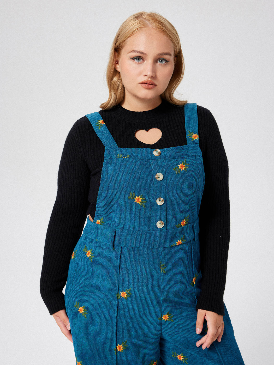 Corduroy Floral Pinafore Pocket Jumpsuit Curve & Plus