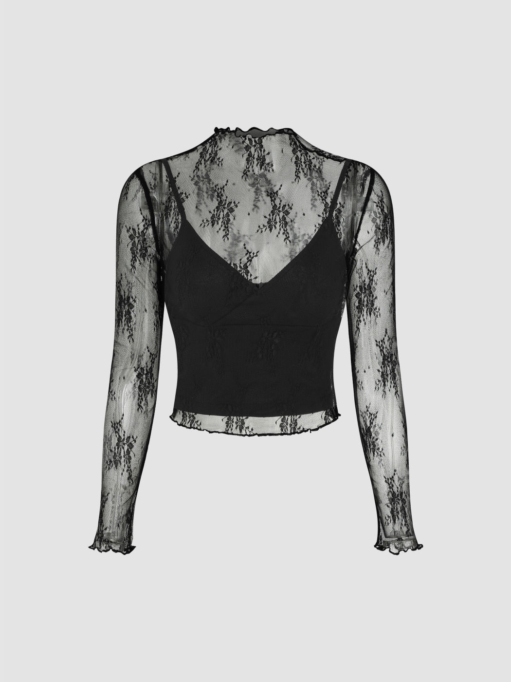 High Neck Lace Floral Blouse & Solid Crop Cami Top Set