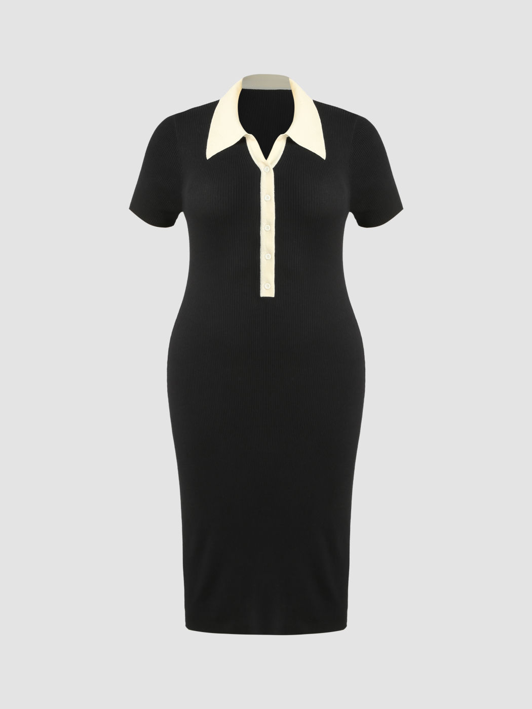 Geripptes Polo-Strickkleid mit Kontrastkragen Kurve & Plus