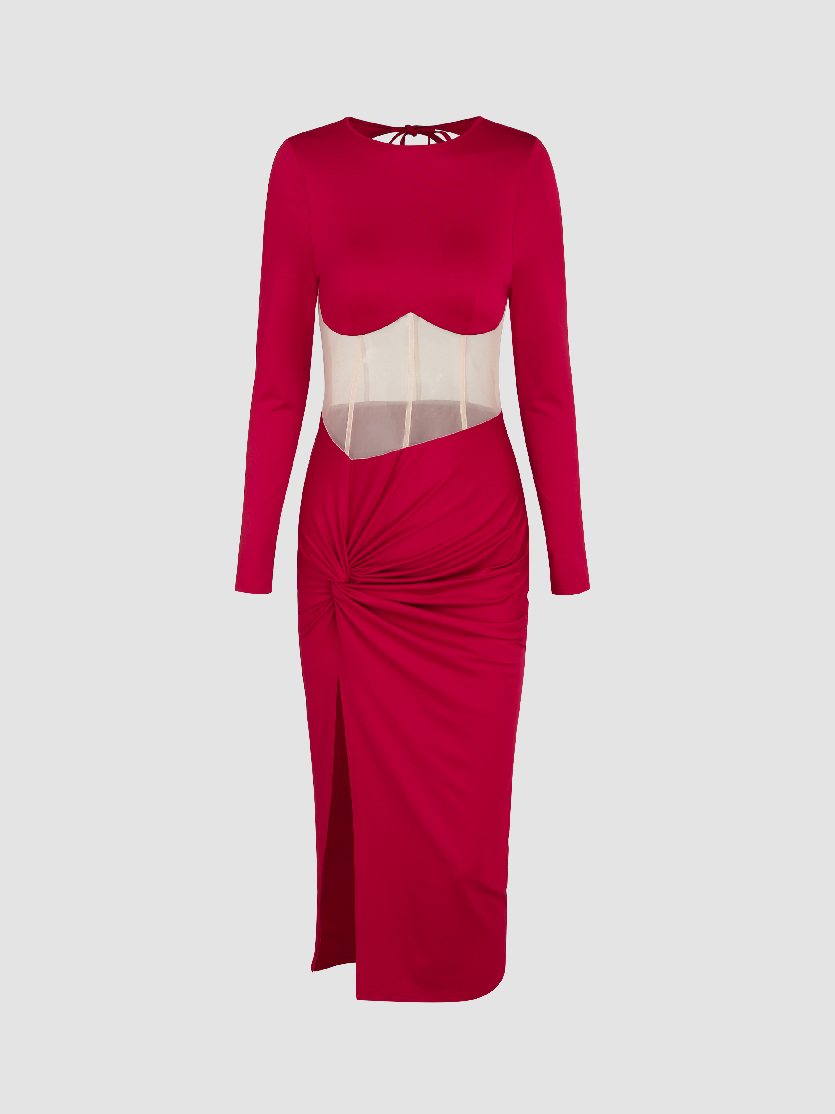 Mesh & Satin Twist Split Midi Dress Cider