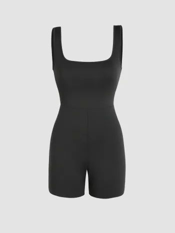 U-neckline Solid Ultra Short Playsuit