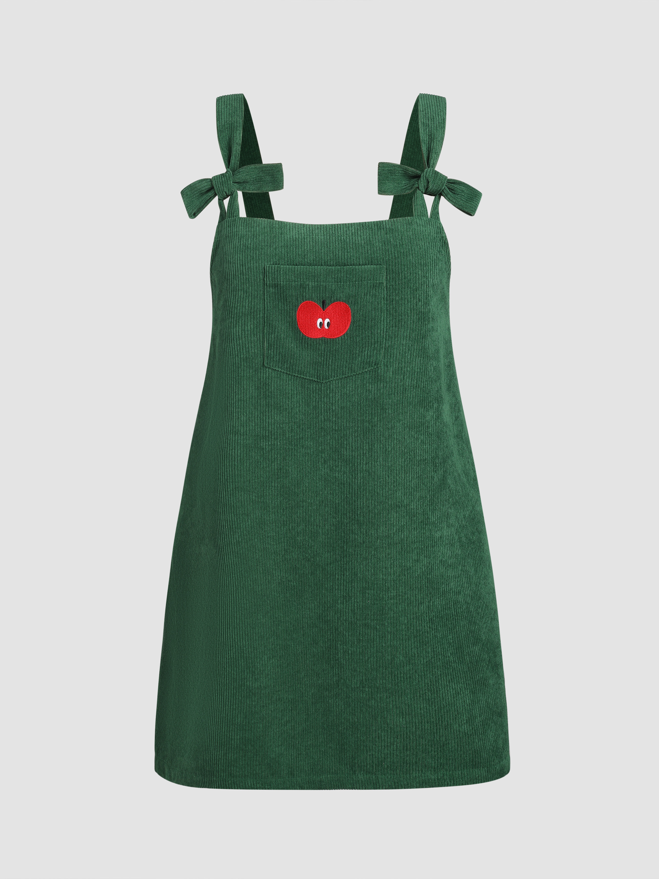 Curve Plus Apple Pattern Corduroy Pinafore Short Dress For School Vacation Holiday