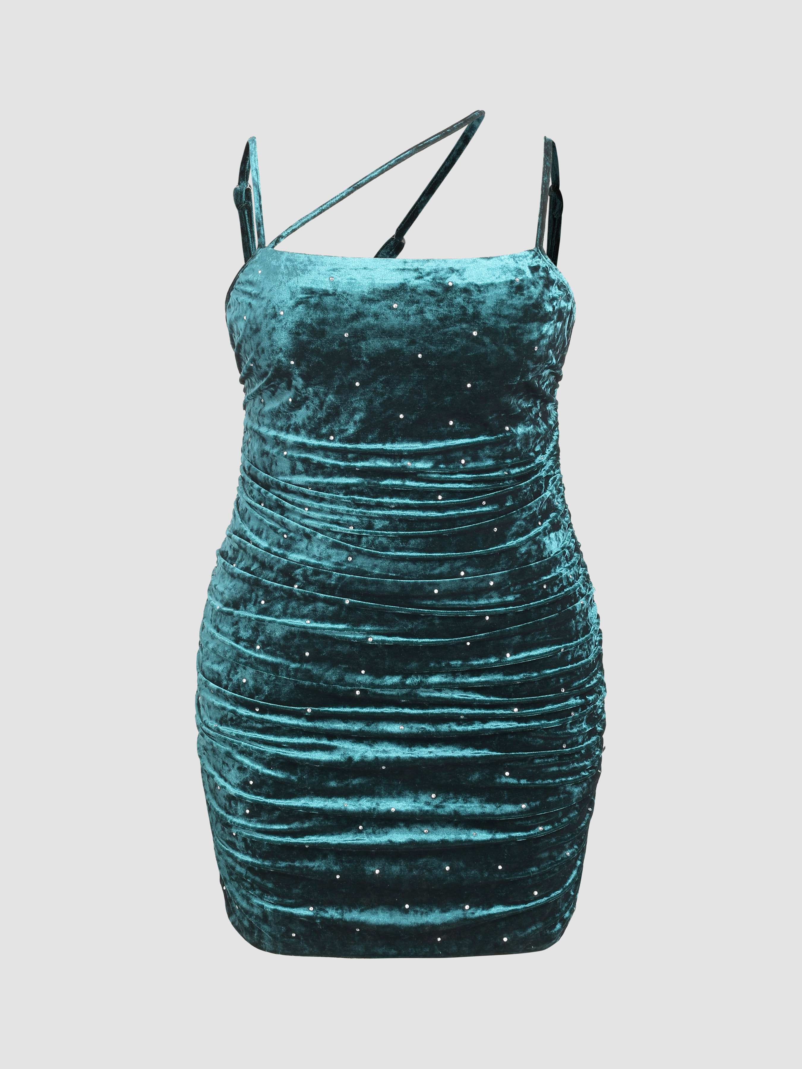 Velvet Asymmetrical Neck Rhinestone Mini Dress Curve & Plus - Cider