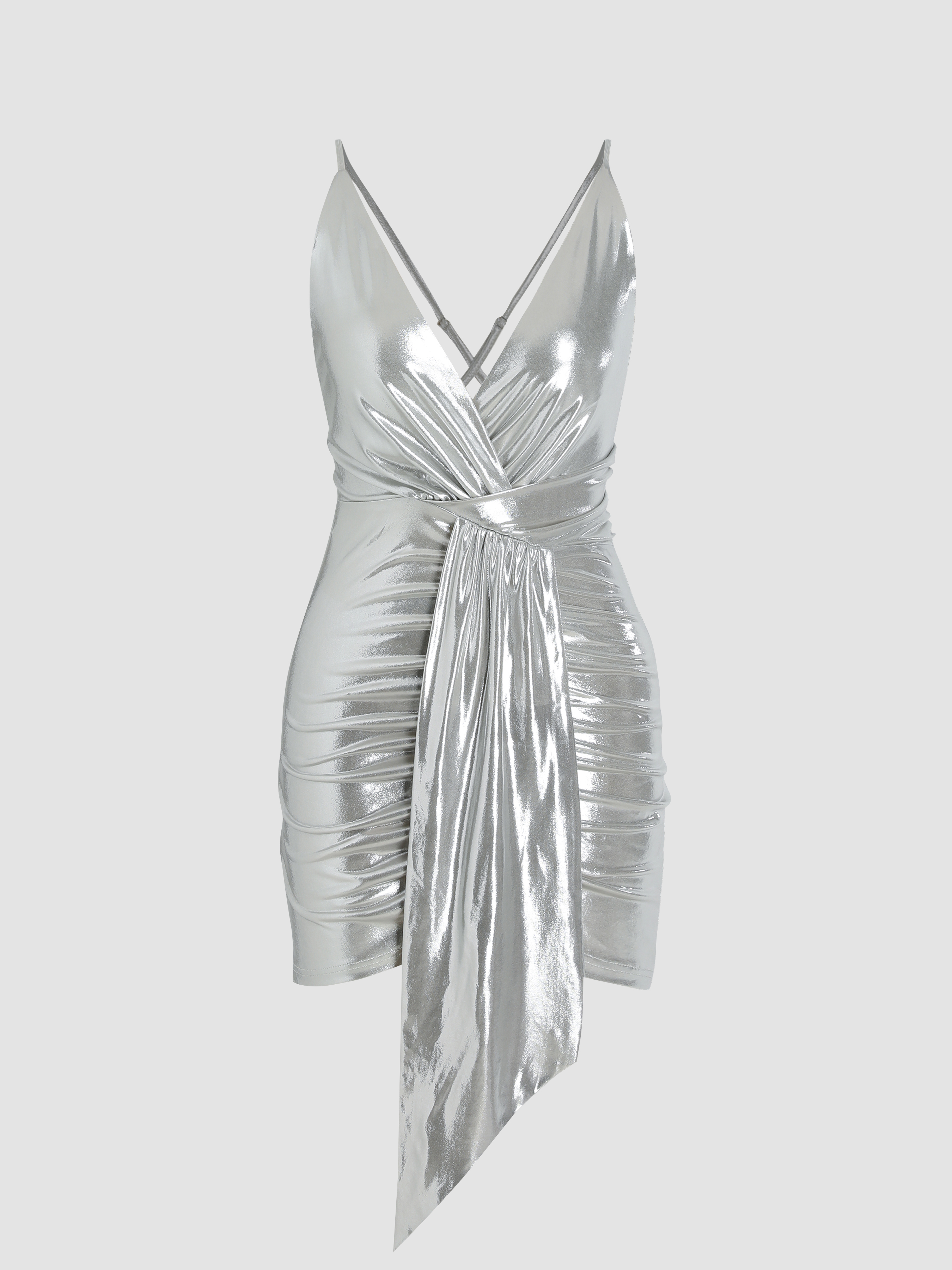 Mermaidcore Metallic Metallic Solid V-neck Cross Ruched Zip