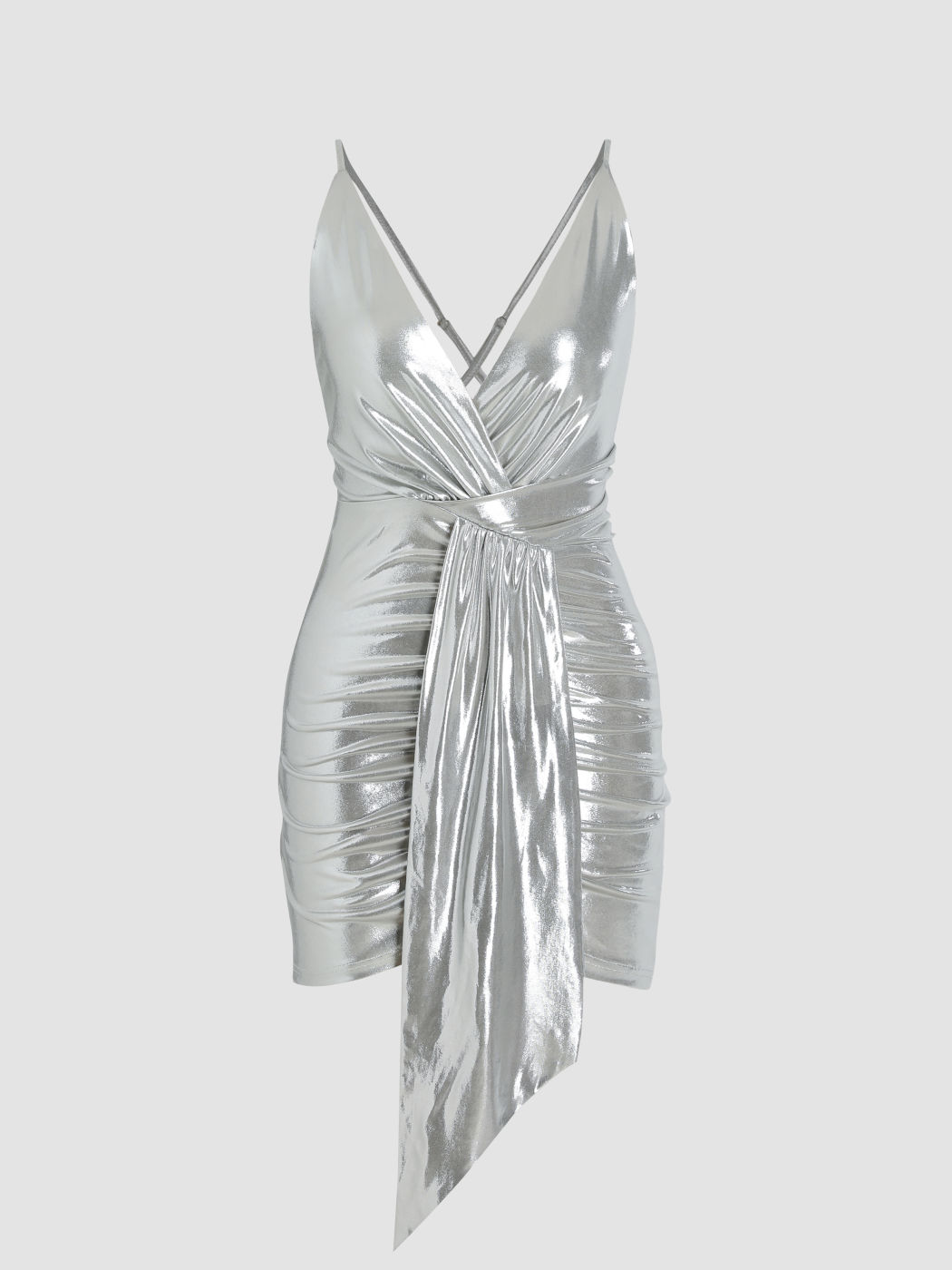 Einfarbiges Minikleid mit V-Ausschnitt und gerafftem Reißverschluss in Metallic-Optik