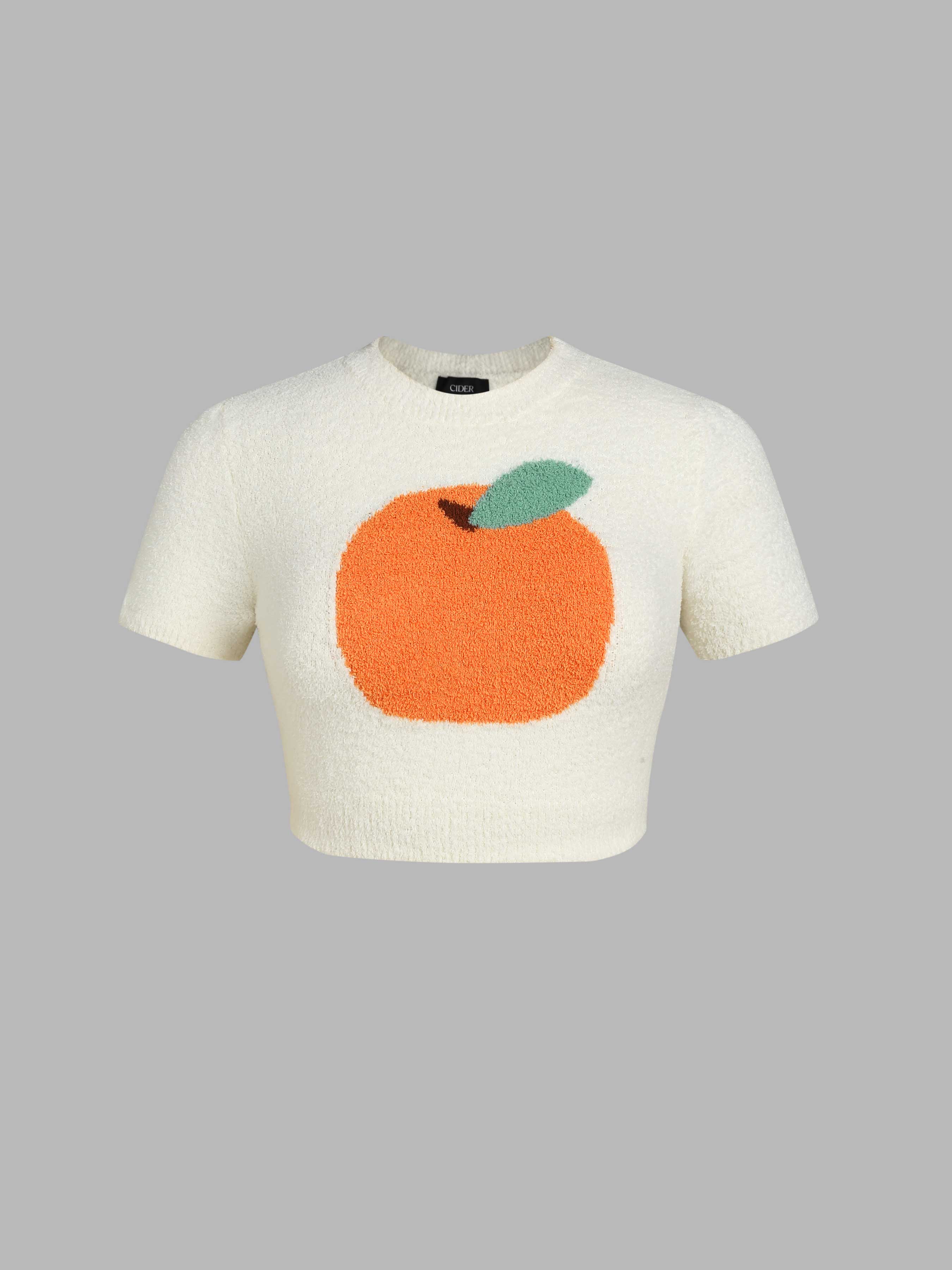 Knit Fabric Orange Pattern Knitted Short Sleeve Top Curve Plus For School