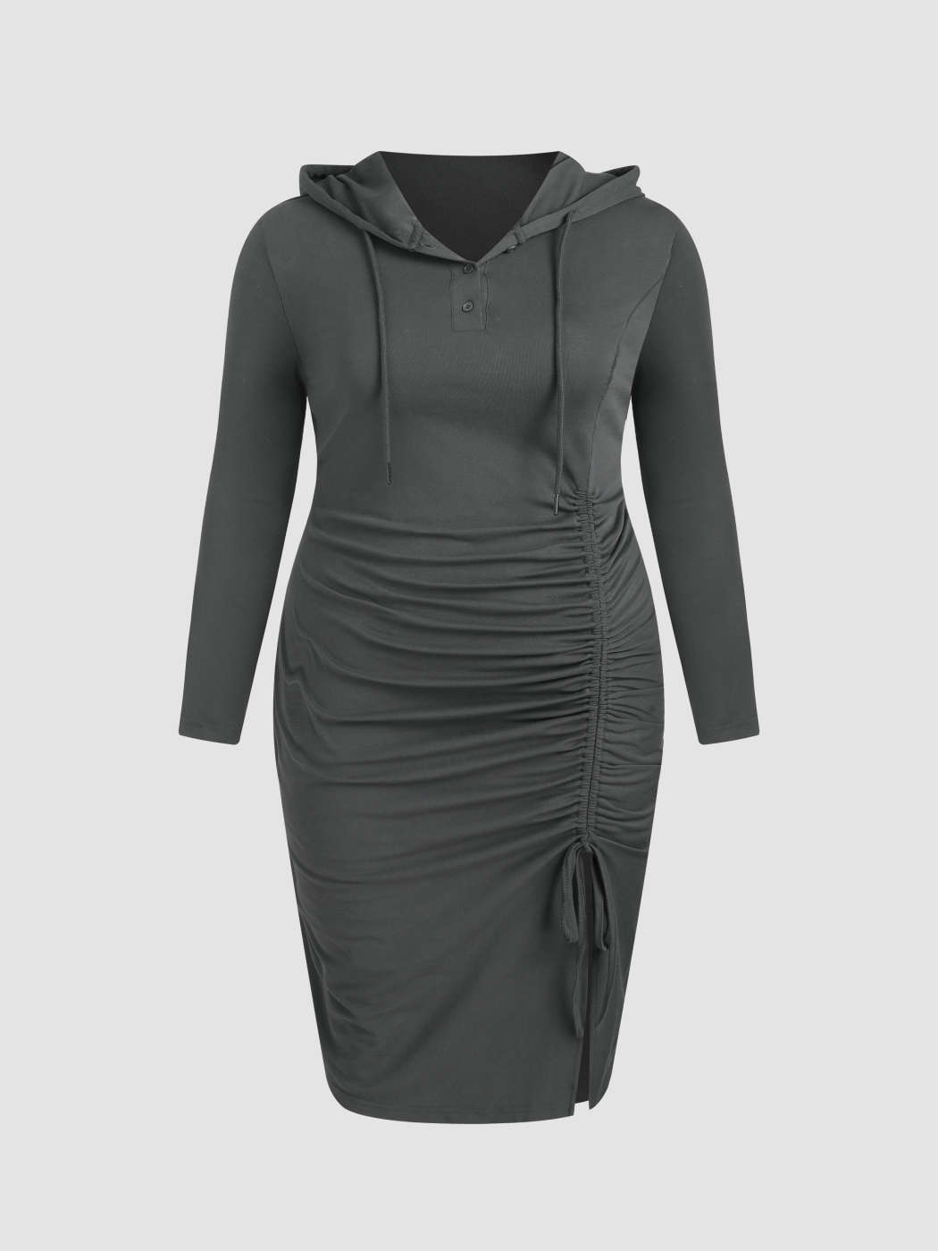 Solid Long Sleeve Drawstring Split Midi Dress Curve Plus For