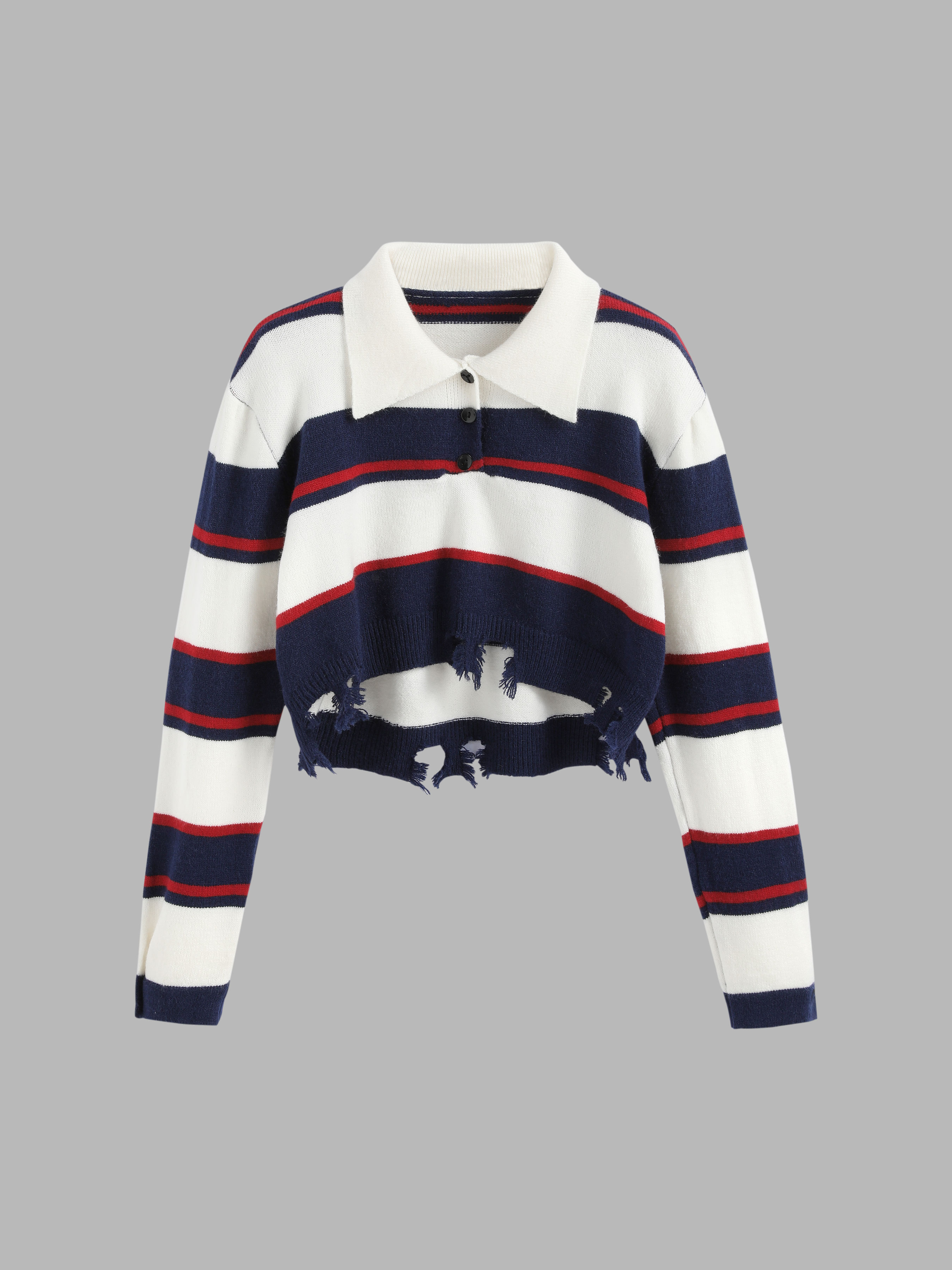 Striped Collar Ripped Sweater Cider