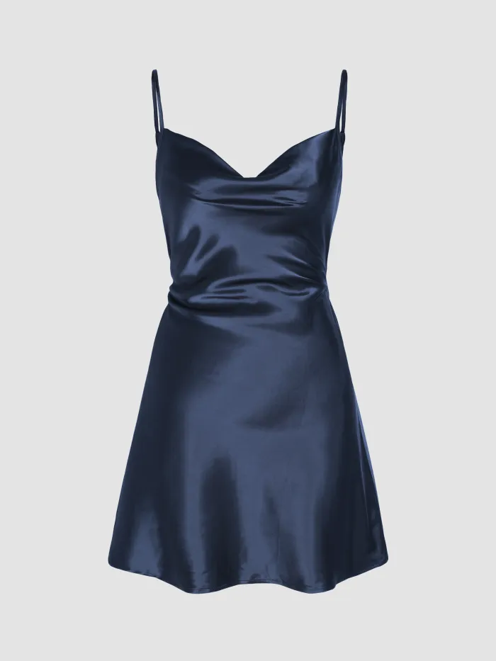 Solid Satin Cowl Neck Cami Mini Dress