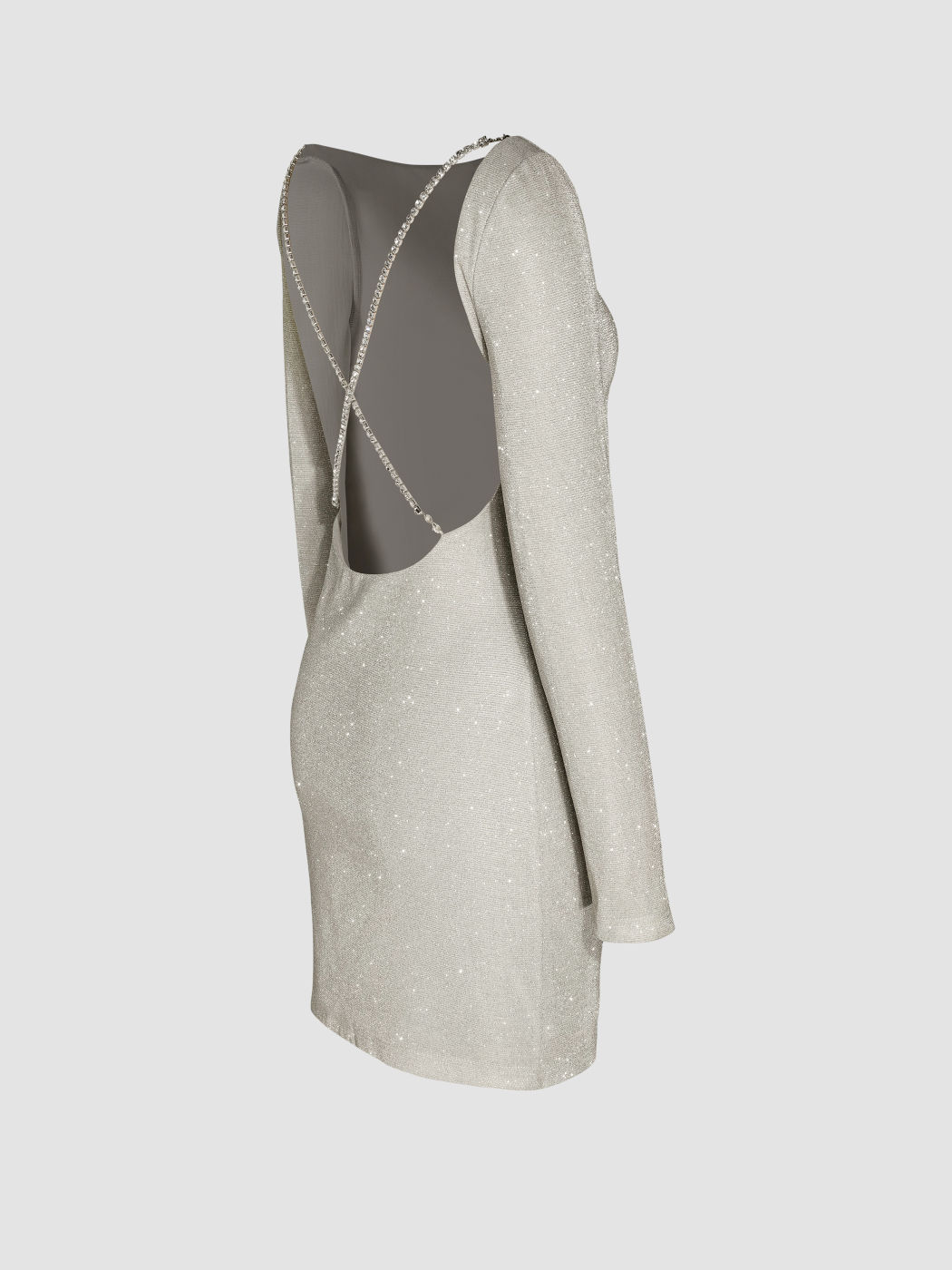 Glitzerndes, rückenfreies, langärmliges Minikleid